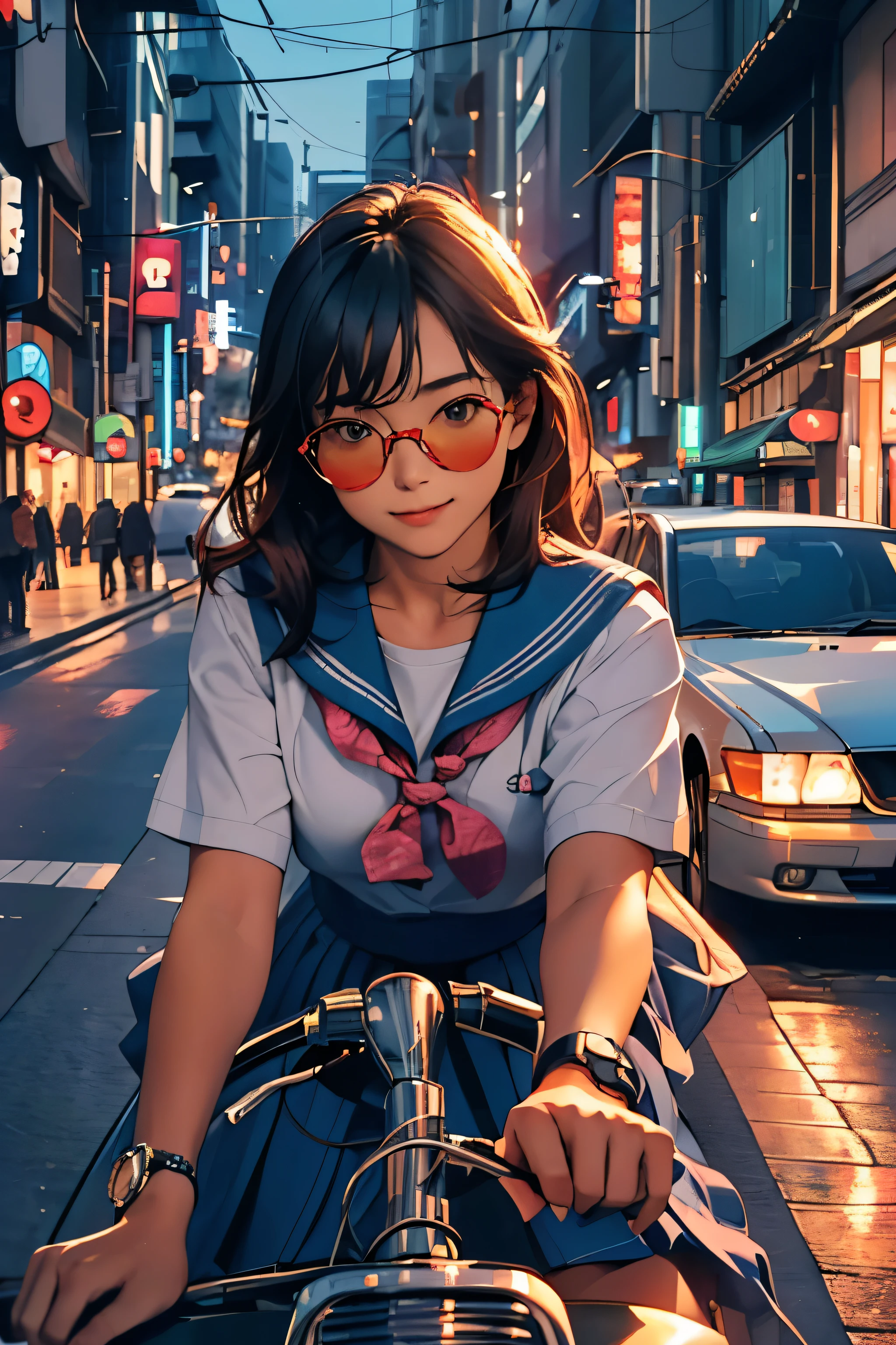 (best quality,ultra-detailed,realistic:1.37),(Japanese 80's Pop),(bird's eye view from above),(diagonal angle),(City lights reflect on the car),(at night),(Two persons),(girl and youngman),(two people in a car),(Two seater in a car), (a foreign car),(Passersby pass by on the sidewalk )In a busy downtown area at night, while passersby are bustling about, a middle school girl in a sailor uniform is riding in a foreign car driven by a man wearing sunglasses and an Hawaiian shirt, sticking her head out of the passenger seat and looking out at the street.