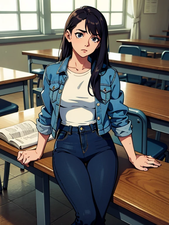 masterpiece, regular girl in jeans and t-shirt and worn out denim jacket, in college class, book