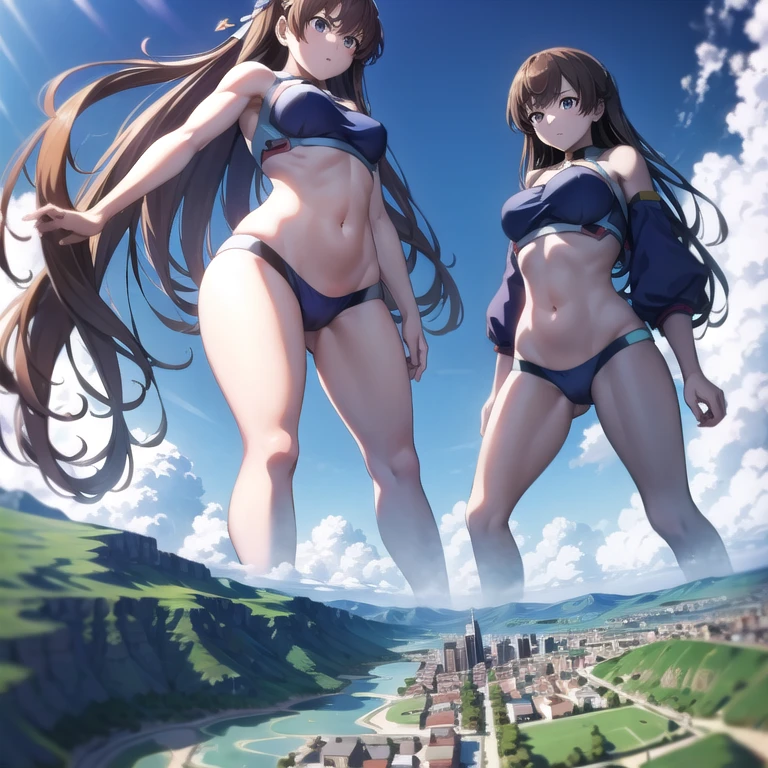 Three Women, Three women exercising, Three Giant Girls, giantess, (hugebresst), bikini, mature body, Background with earth and mountain ranges, A very very small big city, Background with visible horizon, Trampling the city, anime, anime style, from below, panorama