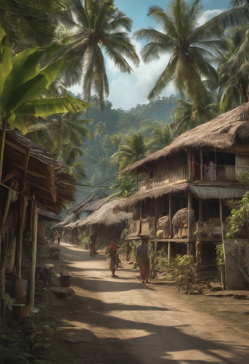 Malay village atmosphere, there are coconut trees, banana trees, boys playing in front of the house,