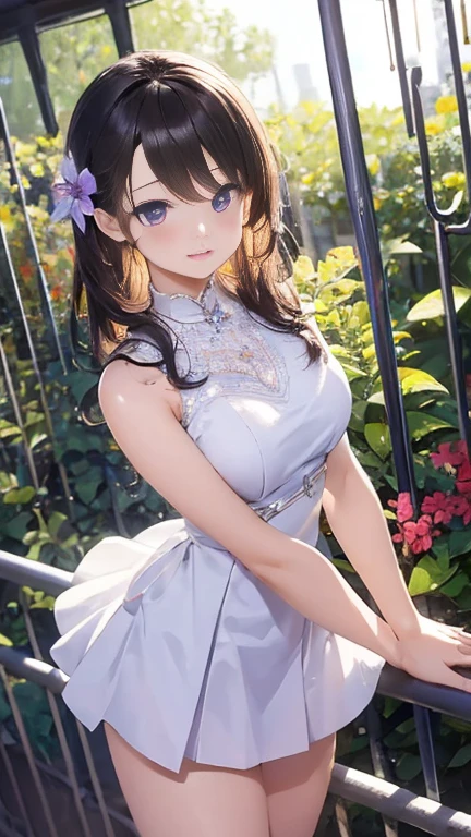 masterpiece, highest quality, Very detailed, figure, , , One girl,alone, Image body, flower, View your viewers, , , Purple eyes, Jewel-like eyes, Very fine grain, Very detailed顔,, , star (null), star座,  Purple Energy,  handrail, 流star