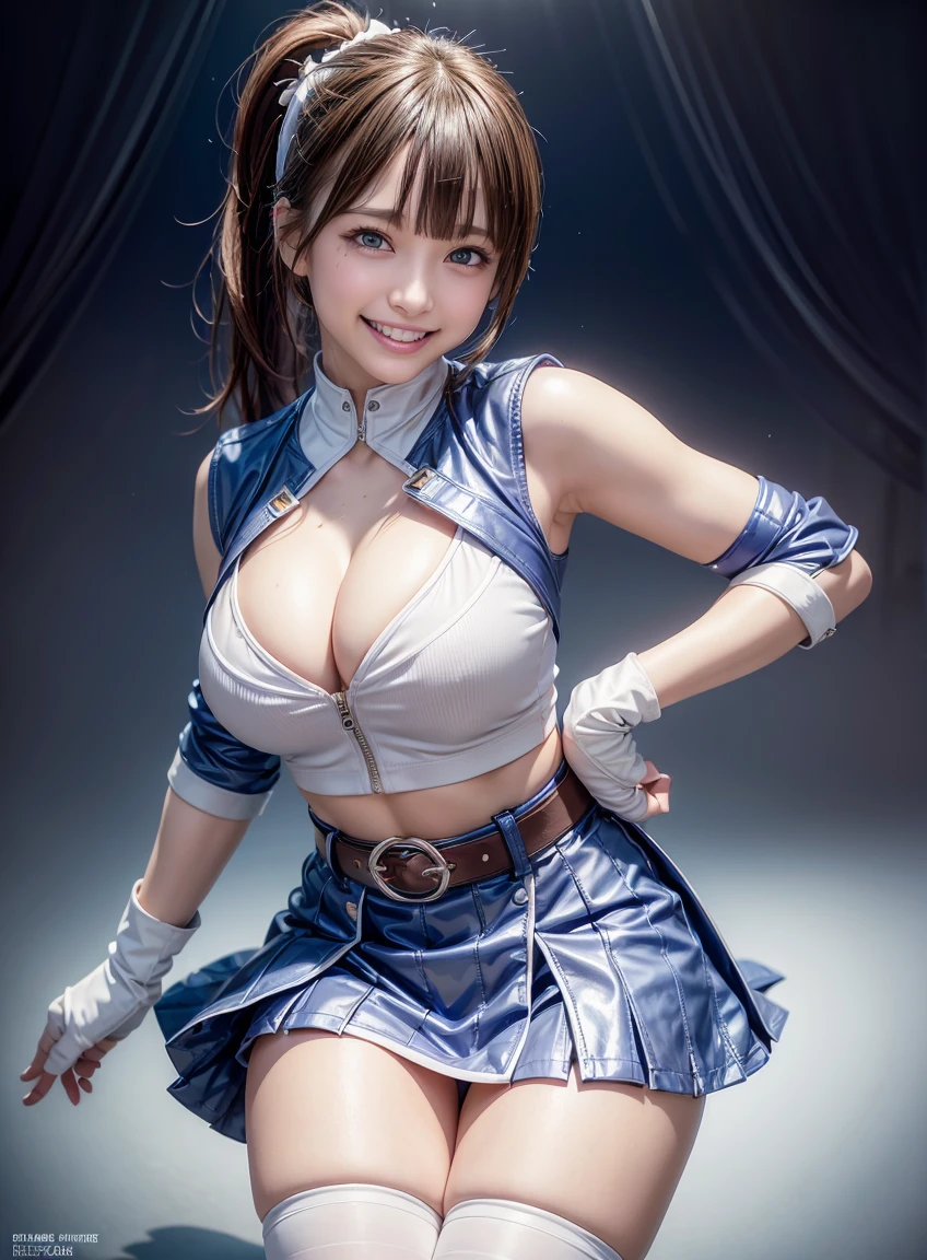 (highest quality:1.3), Highly detailed CG Unity 8k wallpaper, 32K, Realistic, Ultra-high resolution RAW photos, Beautiful and clear face, White skin, Real Skin, Finely textured fabric, Detailed hair texture, Perfect body, Beautiful Features, Accurate fingering, Anatomically correct, Highly detailed face and skin texture, One Girl, cute,Brown Hair, ((ponytail, Azure Eyes: 1. 2)), ((Smiling with white teeth:1.3))、Thick bangs、Sleeveless jacket、Open jacket、Pencil Skirt、White panties peeking out from under the skirt、Belt at waist、Knee-high boots、Leather gloves、(Blue and purple neon lights flashing), Volumetric lighting, Soft Light、Crouching posture、