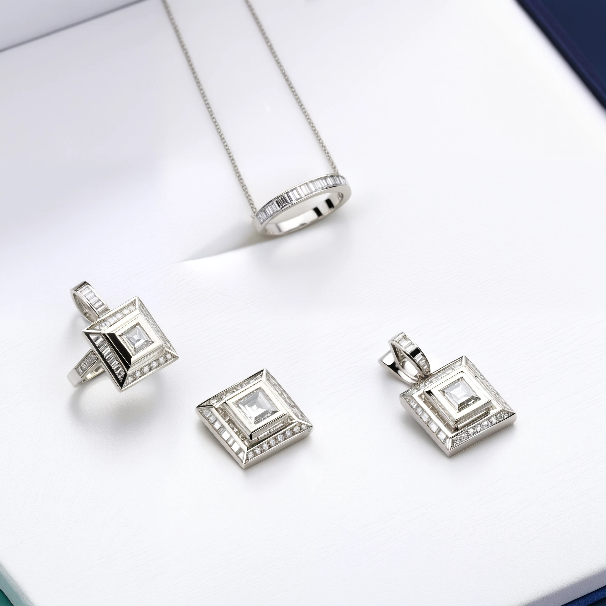 Ultra-realistic image of a pair of art deco-style platinum earrings with geometric patterns and baguette-cut diamonds; a matching platinum ring with a central, square-cut diamond and geometric band; and a platinum necklace with a geometric diamond pendant.