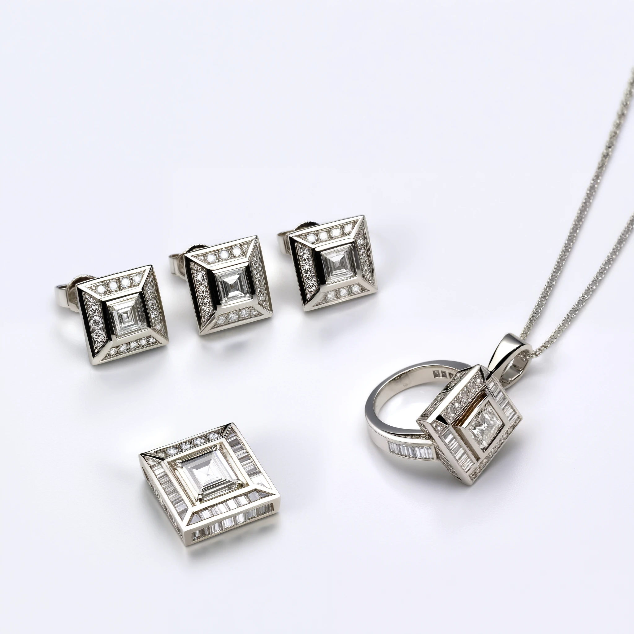 Ultra-realistic image of a pair of art deco-style platinum earrings with geometric patterns and baguette-cut diamonds; a matching platinum ring with a central, square-cut diamond and geometric band; and a platinum necklace with a geometric diamond pendant.
