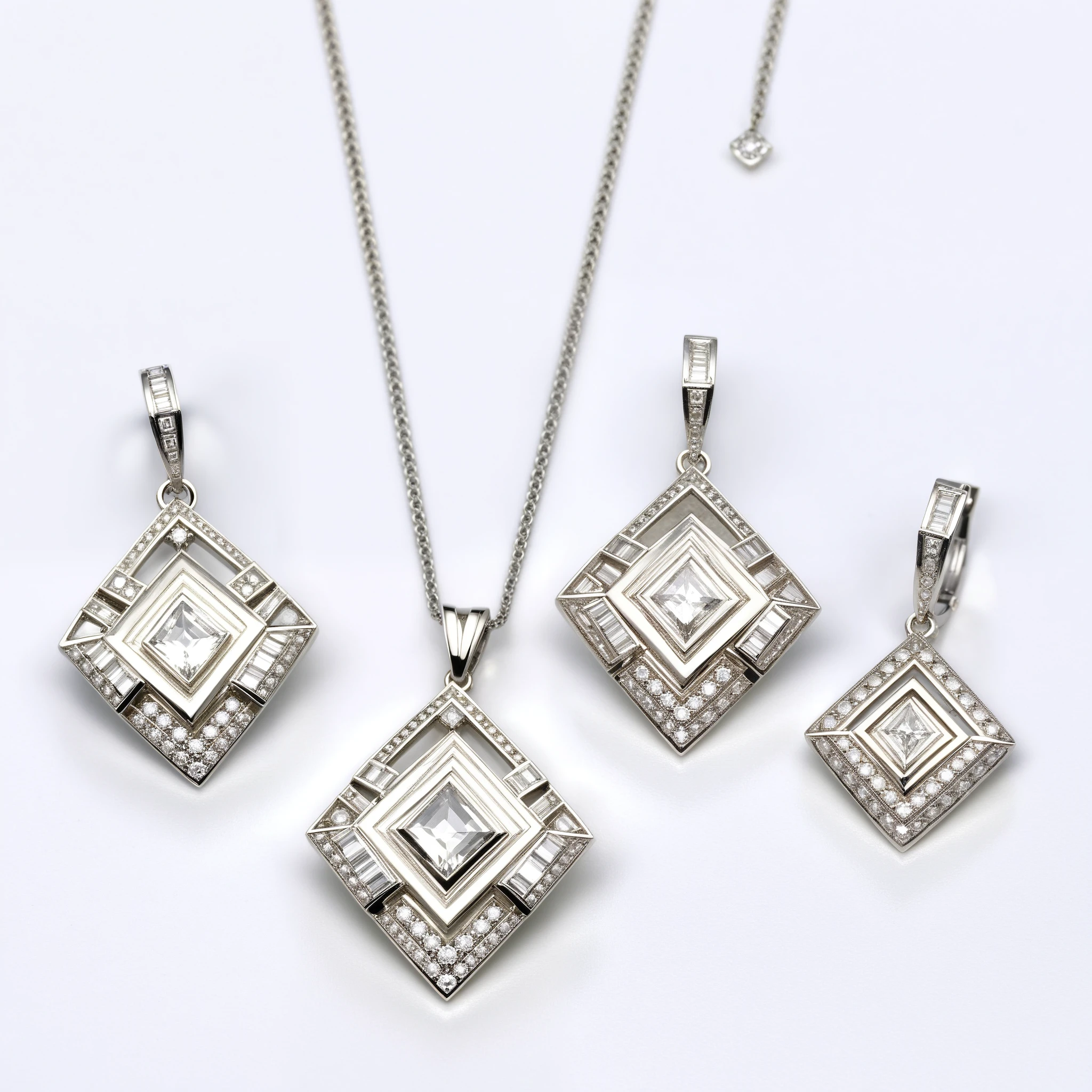 Ultra-realistic image of a pair of art deco-style platinum earrings with geometric patterns and baguette-cut diamonds; a matching platinum ring with a central, square-cut diamond and geometric band; and a platinum necklace with a geometric diamond pendant.