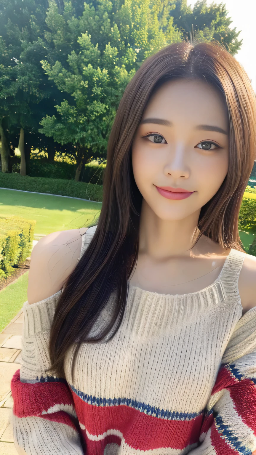 ((highest quality, 8K, masterpiece:1.3)), concentrated:1.2, Perfect body beauty:1.4, Hips:1.2, ((Delicate Hair)), (Colorful Solid Cold Shoulder Oversized Sweater、 :1.1) , ((highest quality、8K、masterpiece:1.3))、1 Girl、A sloppy smile、Esbian all over、Slim face、Big 、Beautiful woman、(Dark Brown Hair)、、1.1、Flickering Valley、Detailed eyes、double eyelid、Blurred Background、超Slim face、Looking down、garden、
