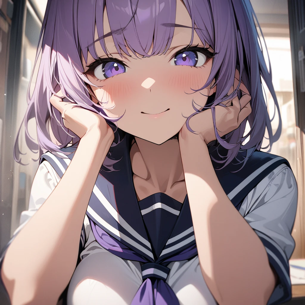 1girl, solo,pov,cute,(White-purple hair) large breasts, portrait, looking at viewer, indoors, depth of field, (masterpiece), (best quality), (ultra-detailed), very aesthetic, illustration, perfect composition, intricate details, absurdres,(Sailor Uniform),(hands up),(on face) (Smile),,(Beautiful Skin),(short) straight-on