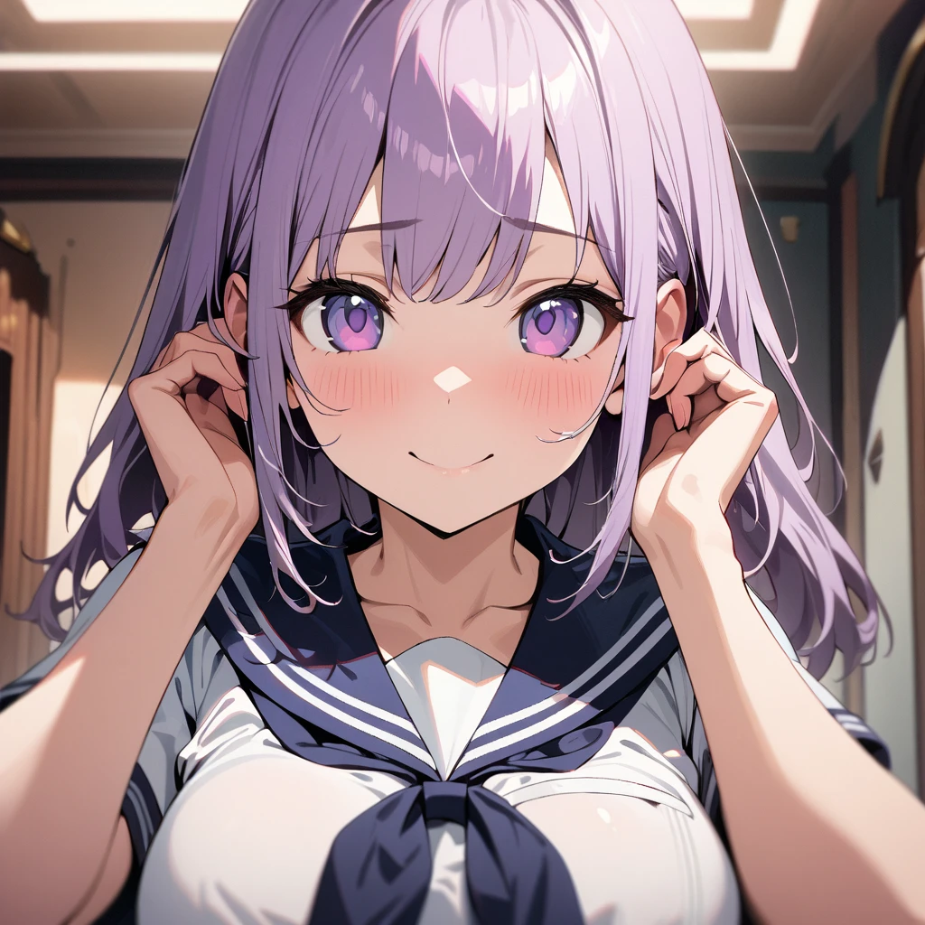 1girl, solo,pov,cute,(White-purple hair) large breasts, portrait, looking at viewer, indoors, depth of field, (masterpiece), (best quality), (ultra-detailed), very aesthetic, illustration, perfect composition, intricate details, absurdres,(Sailor Uniform),(hands up),(on face) (Smile),,(Beautiful Skin),(short) straight-on