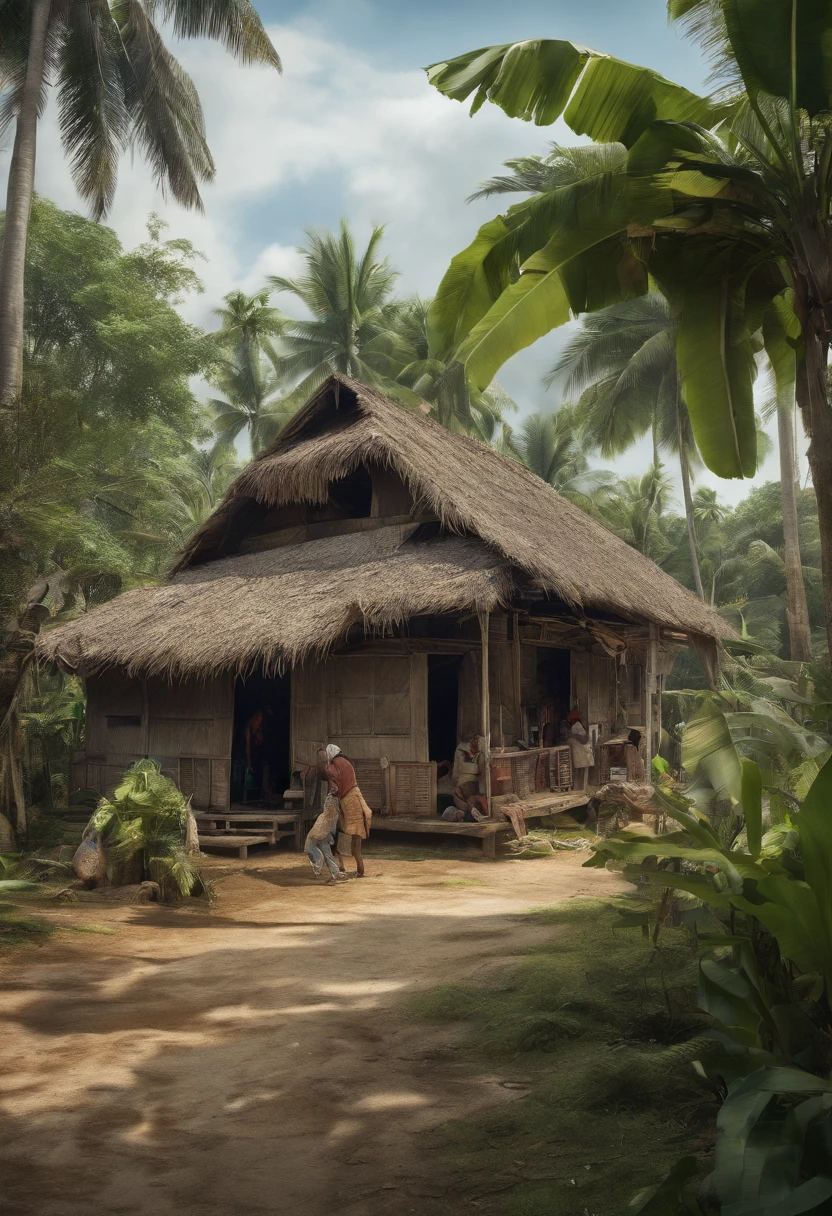 Malay village atmosphere, there are coconut trees, banana trees, boys playing in front of the house,