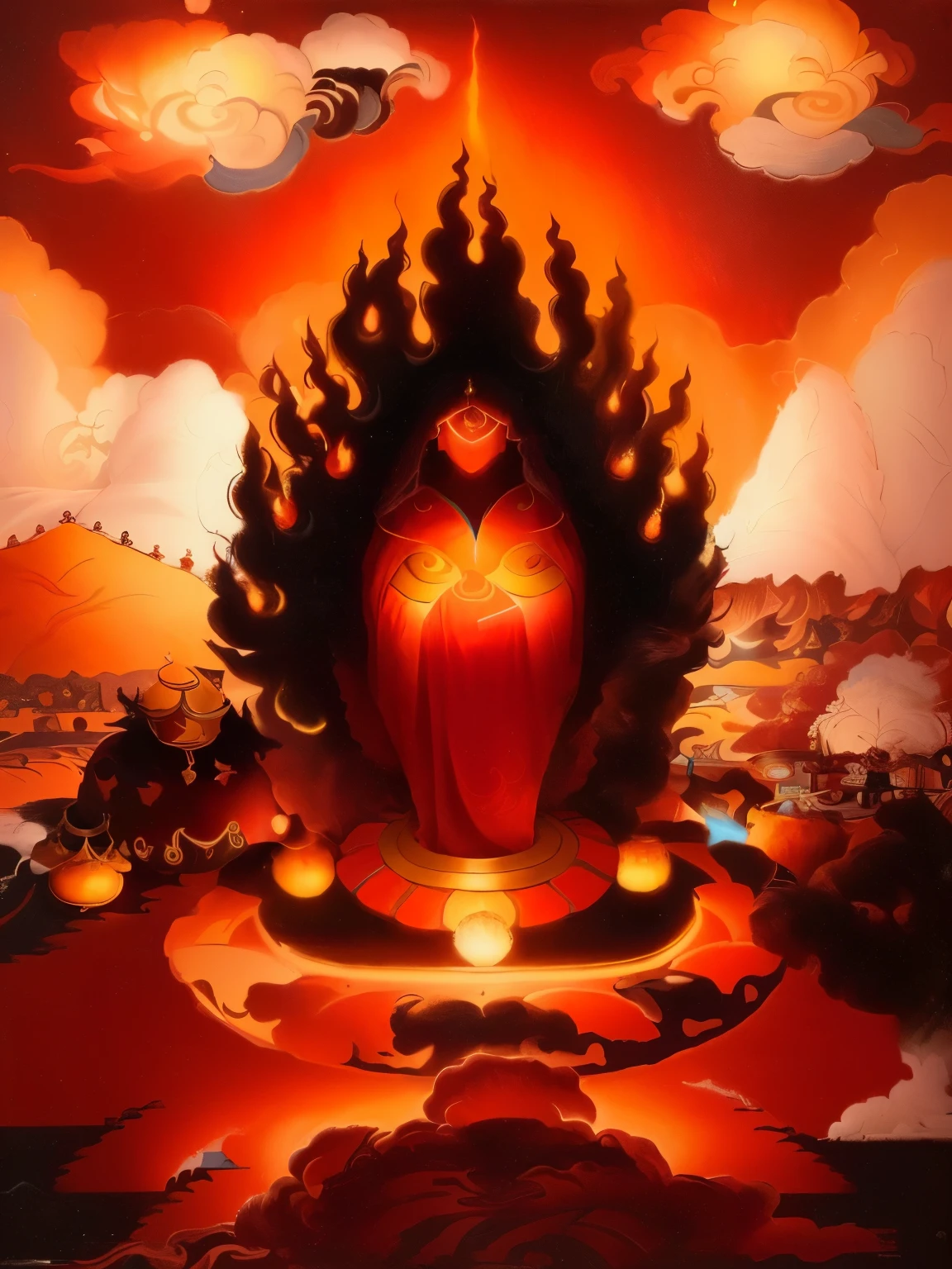 The painting shows a vase，There is a flame in the middle, Thangka, , Appears as a fire goddess, tibetan Thangka, Guan yin, Placed on the altar, Fire Butterfly Goddess, Puskara Kuda, Adding Details, Colorful bionic temple, Extremely sophisticated