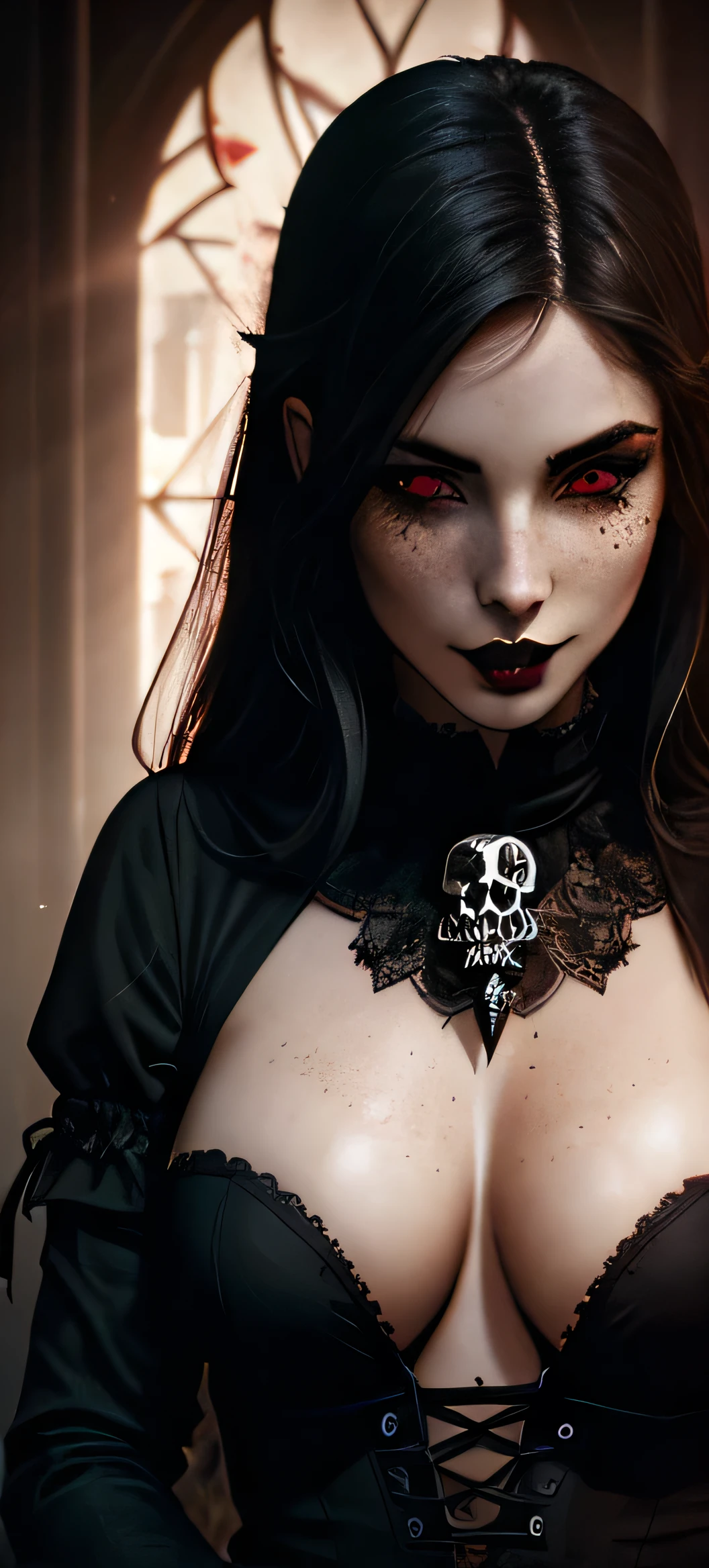 (best quality, hyperdetailed photography:1.2), beautiful lady, freckles, gothic dark makeup, soft light, perfect breast, cover, (detailed beautiful face, detail skin texture, ultra-detailed body:1.1) sexy vampire girl, red eyes, perfect body, skull, blood, evil, dress 