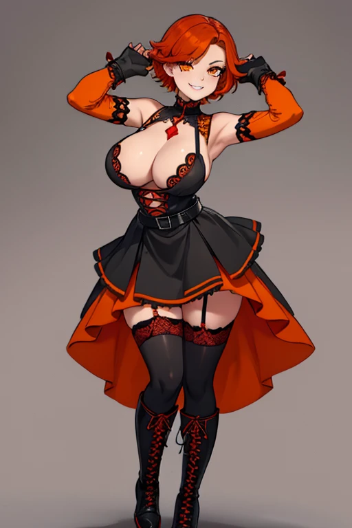 female, red short hair with yellow highlights, orange eyes, (((1girl))), (((orange gothic dress with red trim))), (black gloves), (black lace up boots), (black belt), (white stockings), (black skirt), cute and sexy, large breasts, large butt, full body, long legs, smiling