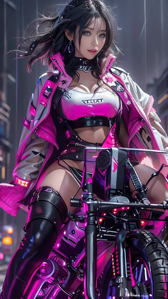 (Realistic:1.3, 16k, highest quality, masterpiece, Ultra-high resolution), ((rain, From below)), Perfect dynamic composition:1.2, (Modern futuristic city at night, Expressions of sadness:0.5, motorcycleを運転する:0.5), Highly detailed skin and facial textures:1.2, Young Japanese Woman, Incredibly slim body, Fair skin, Sexy beauty, Very beautiful face, beautifully、aesthetic, (Pink tight skirt, Wear cyberpunk clothes), (Shapely breasts, Chest gap), (Big eyes that exude beautiful eroticism, Lips that exude beautiful eroticism), necklace, Earrings, bracelet, wedding ring, clock, sunglasses, motorcycle, Cowboy Shot
