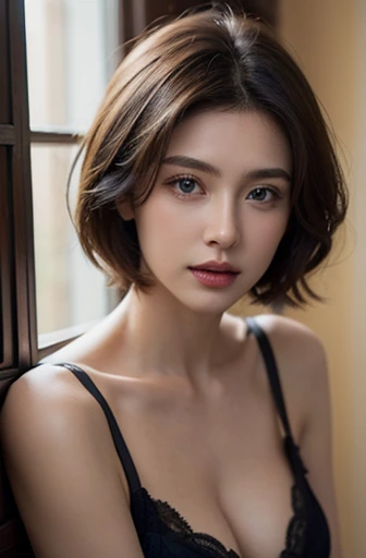 Skintight Black Top:1.2、Staring at the audience、Cinematic lighting、perfection、Soft Light、High Resolution Skins:1.2、Realistic skin texture、30 year old mature woman、Small face、Black bra、Cleavage exposure、blue eyes、short hair、Dark brown hair、Bust B cup、No makeup、Full nudity