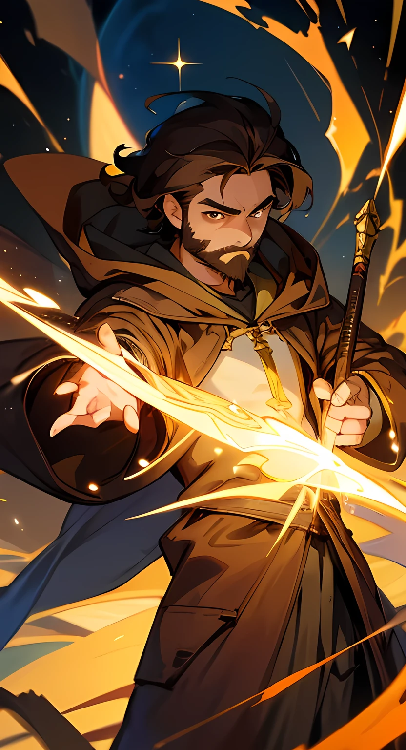 22 years old man, brown hair, brown eye, thin beard ((Hunter's brown clothes with brown hood, white t-shirt )), mage , Masterpiece, high quality, high detail, HD, 4k, Magic wands and yellow crystals floated on the wand, town hall