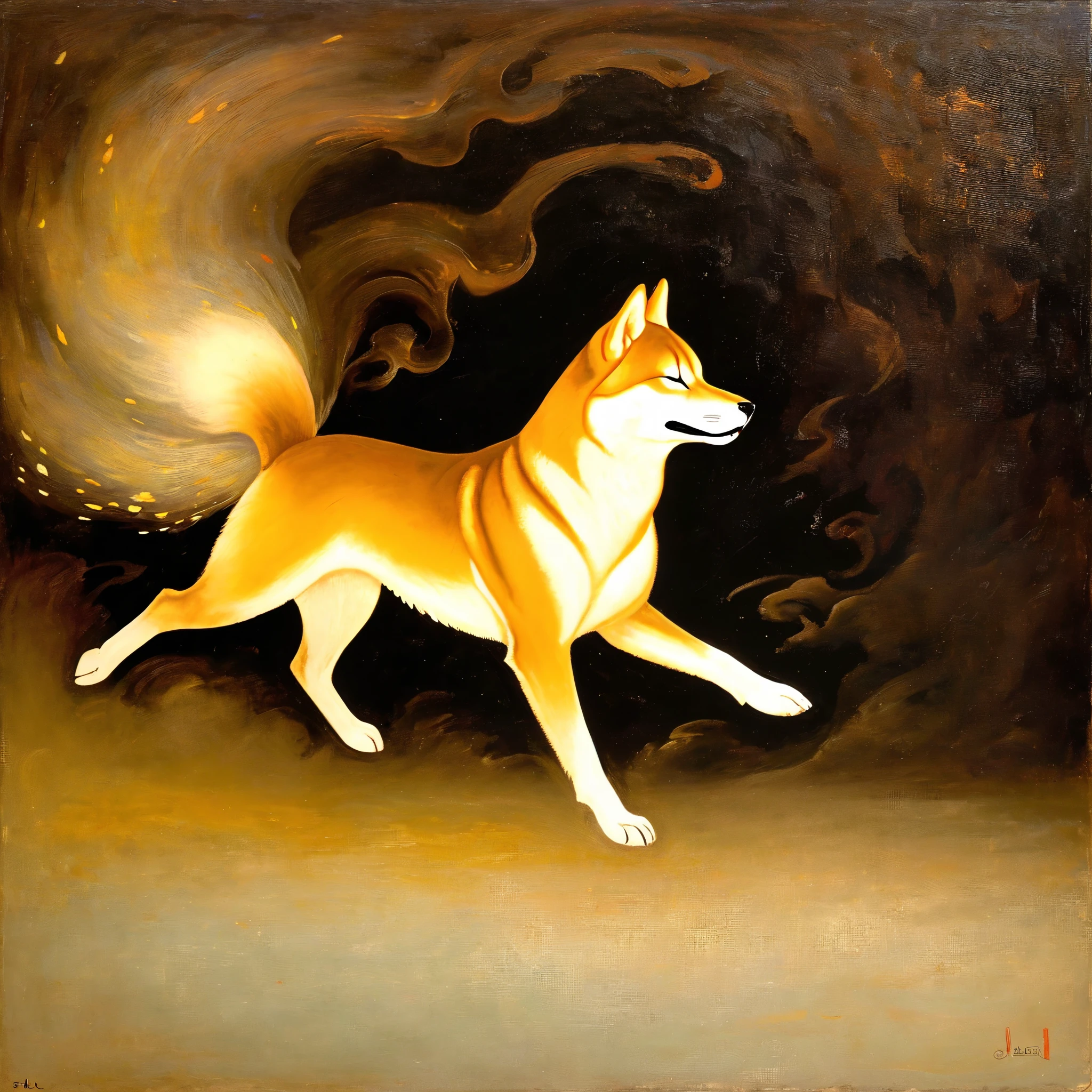 A Shiba Inu,side view,Running in the smoke, epic , theatricality and mystique ,Otherworldly ,Awesome ,Clever use of light and shadow,Adds depth and drama to the scene., Involve the audience in a dark and elegant narrative. This masterpiece, Created by the famous painter Gustav Klimt, Delve deep into the realms of fantasy and mythology, Inviting viewers to explore the complexity of beauty, strength,