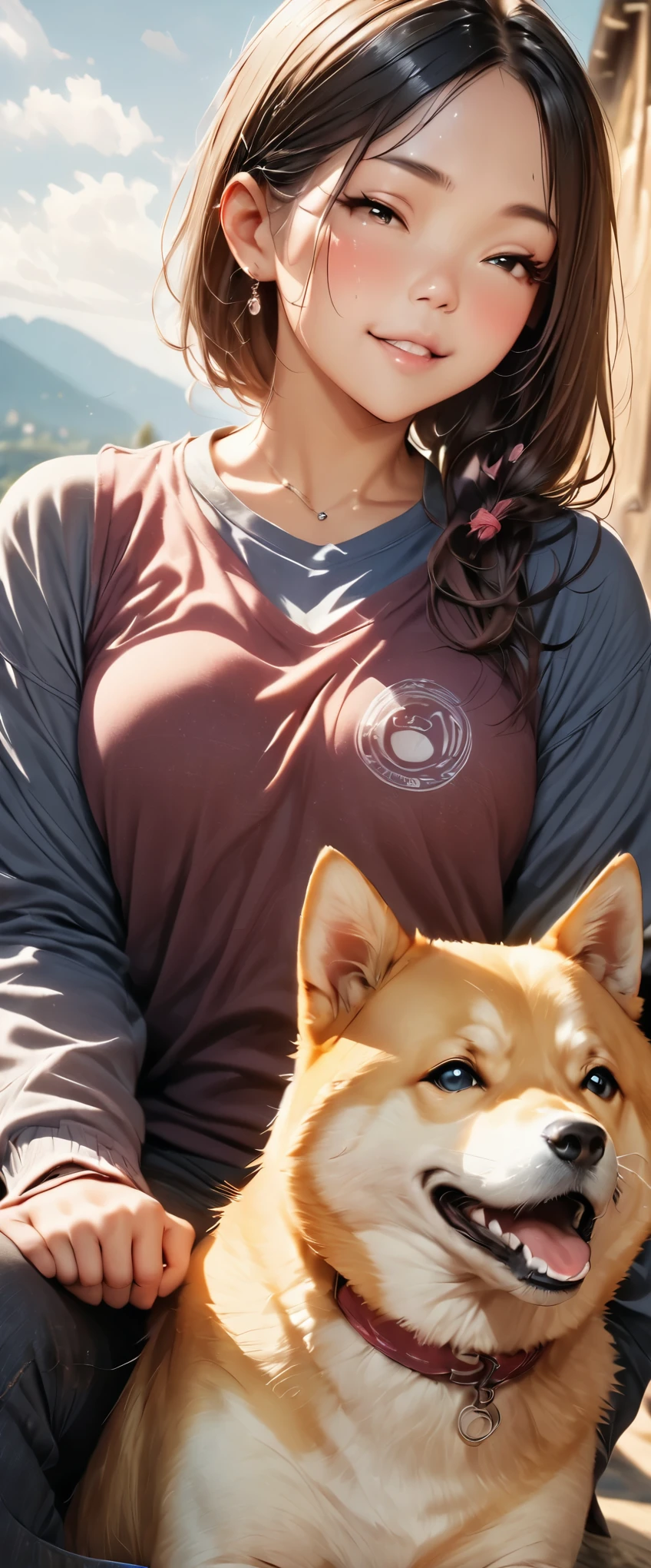 ((Masterpiece, top quality, high resolution)), ((highly detailed CG unified 8K wallpaper)), A Shiba Inu, ((masterpiece, highest quality, Highest image quality, High resolution, photorealistic, Raw photo, 8K)), ((Extremely detailed CG unified 8k wallpaper)), close up photo of a shiba, A woman playing with a Shiba Inu, Cute and sitting,