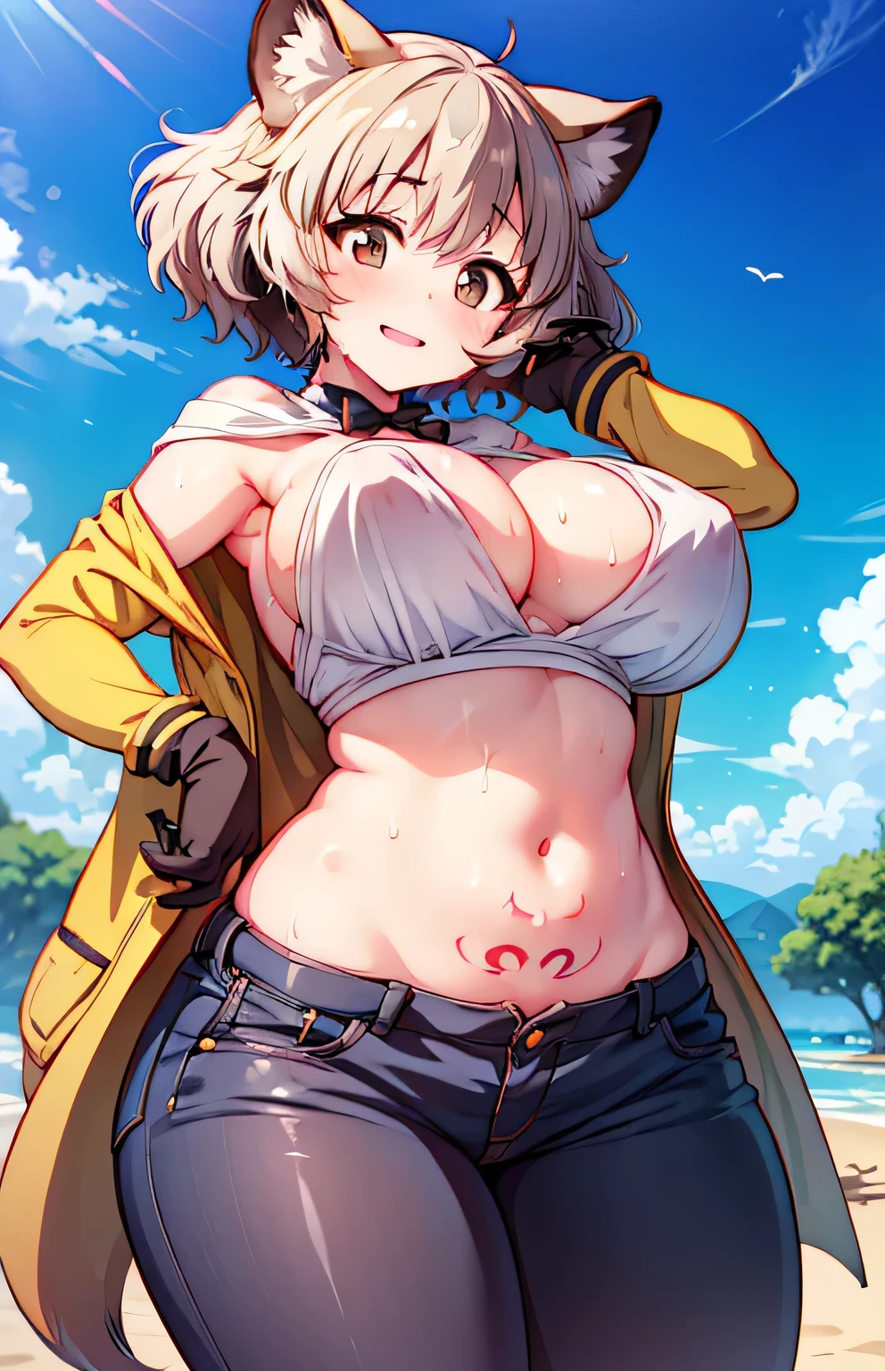 Anime illustration、highest quality、A short and voluptuous beast idol in heat、Kemono Friends、hot pants、Perfect proportions、photo shoot、natural Park、Clear skies、overwhelmingly big breasts、Beautiful, shining eyes、Cowboy Shot、smile、Excessive sweating、Tattoo、Noise Reduction