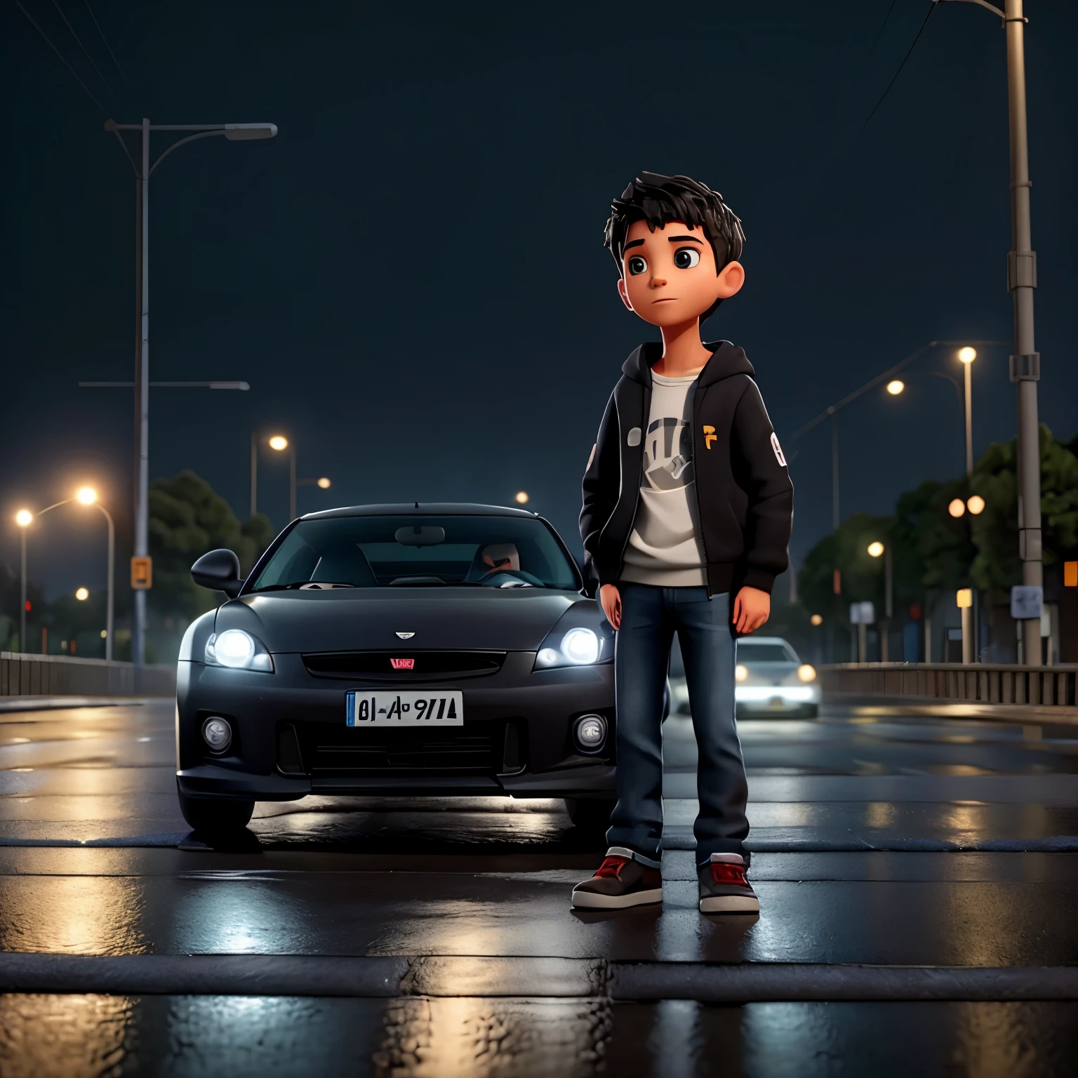 Descreva a cena de um jovem com capuz, wearing a black sweatshirt and jeans, standing on the sidewalk on a rainy night. He is looking at a shiny GTR R35 car passing on the road., Your admiration visible in your eyes. The light from the headlights reflects on the puddles of water around you, enquanto a chuva cai suavemente sobre ele. O som do motor potente ecoa no ar, misturando-se ao som da chuva. The boy remains motionless, captured by the elegance and speed of the car, dreaming of the day when you can be behind the wheel of such an impressive machine.