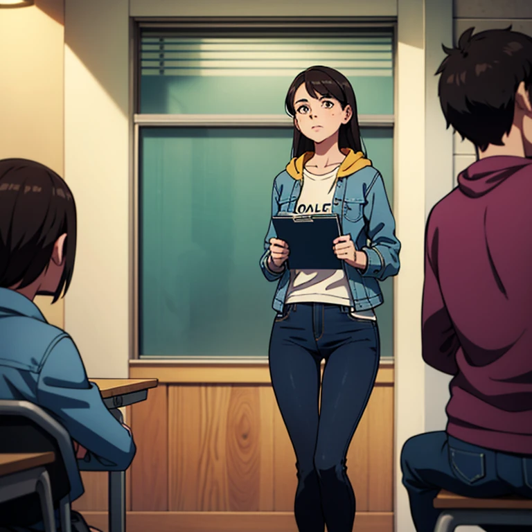 masterpiece, 2 regular girl in jeans and t-shirt and worn out denim jacket, in college class, book, hoodie, skirt