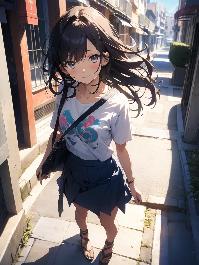 absurderes, hight resolution, (Anime style:1.1), ((masutepiece)), ((Best Quality)), (Ultra-detailed), (Beautiful), solo, Beautiful face、(liftup),Cute standing on the street in Mediterranean port city,Wind,colourful hair, Colorful eyes,Cute summer casual clothes,Blue sky,Closed eyes,Looking at Viewer,Lens Flare,Dramatic, Coastal、(The skirt flutters in the wind:1.3)、A smile
