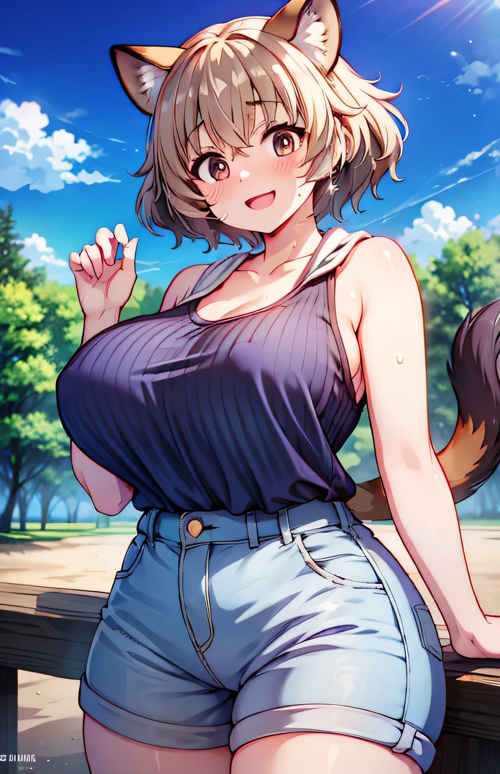 Anime illustration、highest quality、A short and voluptuous beast idol in heat、Kemono Friends、hot pants、appeal、Perfect proportions、photo shoot、natural Park、Clear skies、overwhelmingly big breasts、Beautiful, shining eyes、Cowboy Shot、smile、Excessive sweating、Tattoo、Noise Reduction