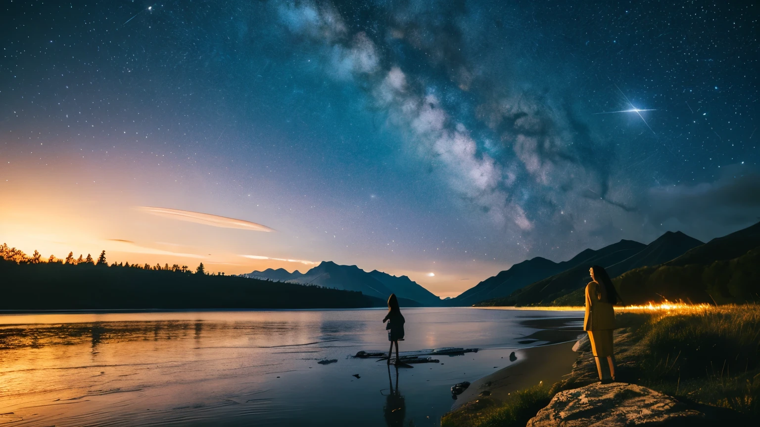 Vast landscape photography, A girl standing by the river and looking up at the sky, shooting star, fire Fly, dream