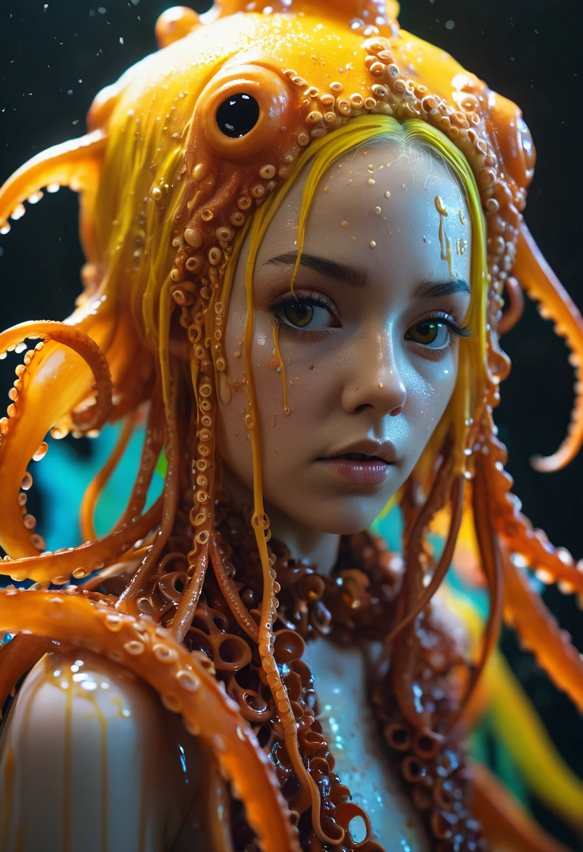 8K, ARTISTIC photogrAphy, best quAlity, mAsterpiece: 1.2), A (potrAit:1.2)  witch BLOOD Toon Doll  Cthulhu   QUEEN, ORANGE many octopus style tentacles, full body RAW candid cinema, yellow hair, 16mm, color graded portra 400 film, remarkable color, ultra realistic, sad admosphere, dark lighting, oppressive atmosphere, depressive colors, kodak portra 400, photograph,r, Natural Light, Pinhead lighgts, blur reflection, Brush Strokes, Smooth, abstract, Splatter, Oil On Canvas, rainbow colors, fractal isometrics details bioluminescens : a stunning realistic photograph of wet bone structure, 3d render, octane render, intricately detailed, titanium decorative headdress, cinematic, trending on artstation | Isometric | Centered