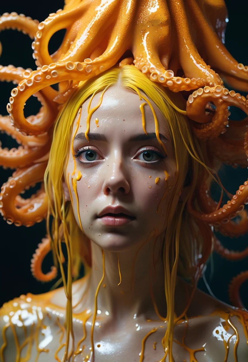 8K, ARTISTIC photogrAphy, best quAlity, mAsterpiece: 1.2), A (potrAit:1.2)  witch BLOOD Toon Doll  Cthulhu   QUEEN, ORANGE many octopus style tentacles, full body RAW candid cinema, yellow hair, 16mm, color graded portra 400 film, remarkable color, ultra realistic, sad admosphere, dark lighting, oppressive atmosphere, depressive colors, kodak portra 400, photograph,r, Natural Light, Pinhead lighgts, blur reflection, Brush Strokes, Smooth, abstract, Splatter, Oil On Canvas, rainbow colors, fractal isometrics details bioluminescens : a stunning realistic photograph of wet bone structure, 3d render, octane render, intricately detailed, titanium decorative headdress, cinematic, trending on artstation | Isometric | Centered