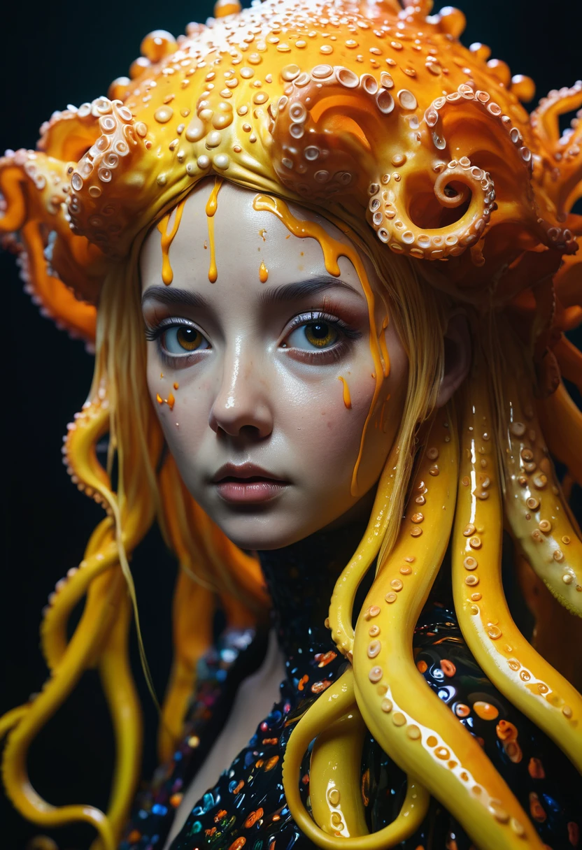 8K, ARTISTIC photogrAphy, best quAlity, mAsterpiece: 1.2), A (potrAit:1.2) witch BLOOD Toon Doll Cthulhu QUEEN, ORANGE many octopus style tentacles, full body RAW candid cinema, yellow hair, 16mm, color graded portra 400 film, remarkable color, ultra realistic, sad admosphere, dark lighting, oppressive atmosphere, depressive colors, kodak portra 400, photograph,r, Natural Light, Pinhead lighgts, blur reflection, Brush Strokes, Smooth, abstract, Splatter, Oil On Canvas, rainbow colors, fractal isometrics details bioluminescens : a stunning realistic photograph of wet bone structure, 3d render, octane render, intricately detailed, titanium decorative headdress, cinematic, trending on artstation | Isometric | Centered