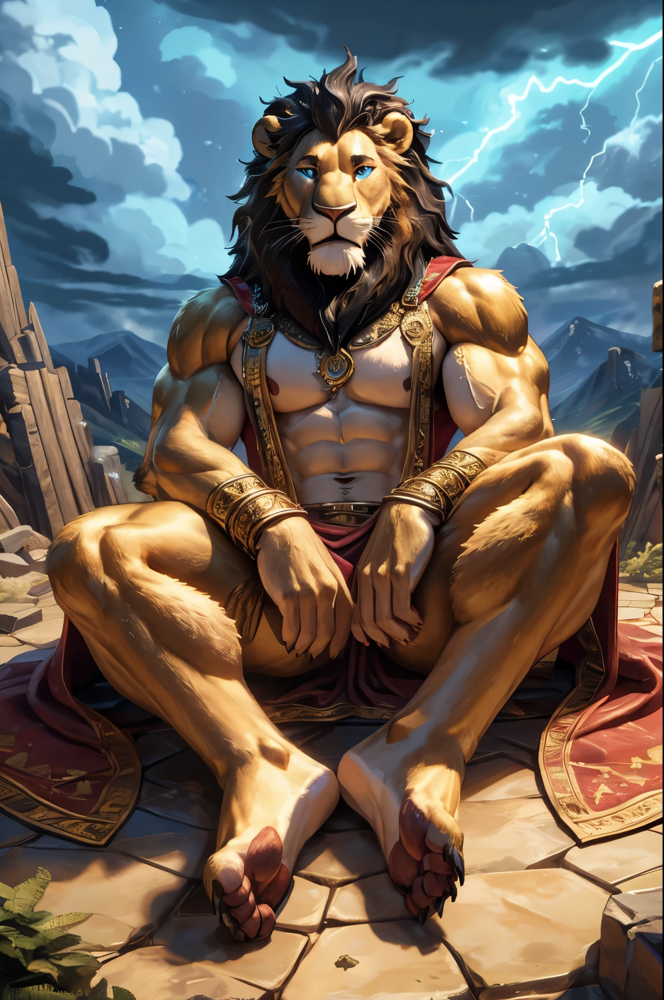 (((Barefoot furry character, full body, cinematic setting, furry male, plantigrade, nice soles))) (Zeus - King of the Gods) depicted as a majestic (((lion))) anthro with a muscular build, golden fur, and piercing blue eyes. He wears a regal white toga draped over one shoulder, adorned with thunderbolt motifs. Zeus sitting barefoot atop Mount Olympus, with storm clouds gathering in the background, accompanied by flashes of lightning and crashing thunder. ((His attribute, the thunderbolt)) rests beside him, crackling with power. BREAK, detailed background, 8K, (masterpiece:1.5), intricate details, highly detailed, extreme detail, octane render, fine art, best quality, highres, (detailed face:1.5), ((full_body)), UHD, (((perfect hands))), low light