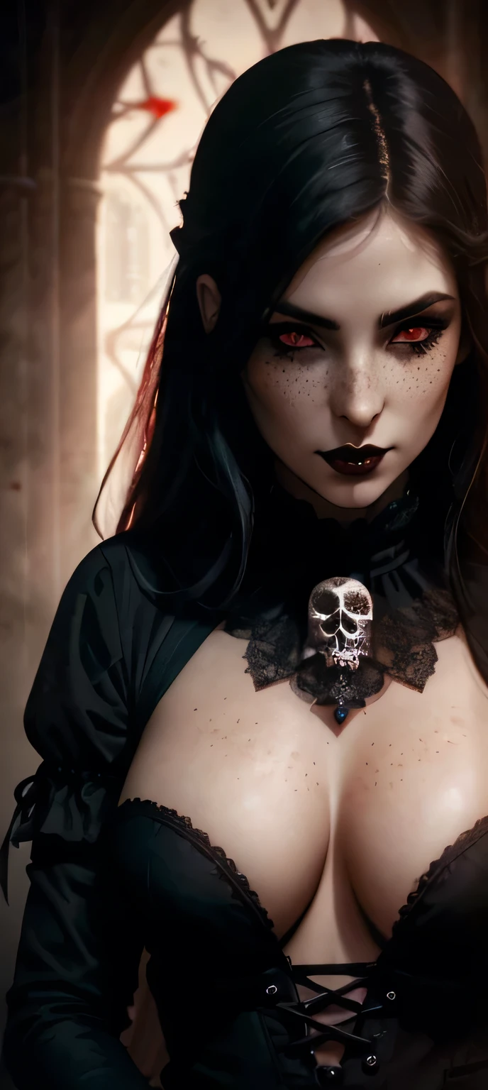 (best quality, hyperdetailed photography:1.2), beautiful lady, freckles, gothic dark makeup, soft light, perfect breast, cover, (detailed beautiful face, detail skin texture, ultra-detailed body:1.1) sexy vampire girl, red eyes, perfect body, skull, blood, evil, dress