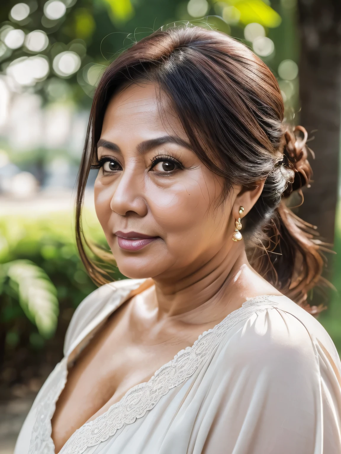 (Realistic) 52 Years old Brunei mature woman, (chubby body shape), Big : 34.9, (beauty natural makeup) soft smile, long dark bun messy hair ,Brown eyes, (A lot of wrinkles on her face:1.4), (There are many wrinkles on her chest1.4), Detailed wrinkles (8K, High resolution,ultra-quality ,(Old Woman in Jakarta), Outdoor, Daylight, dynamic background, professional photography with excellent lighting, 