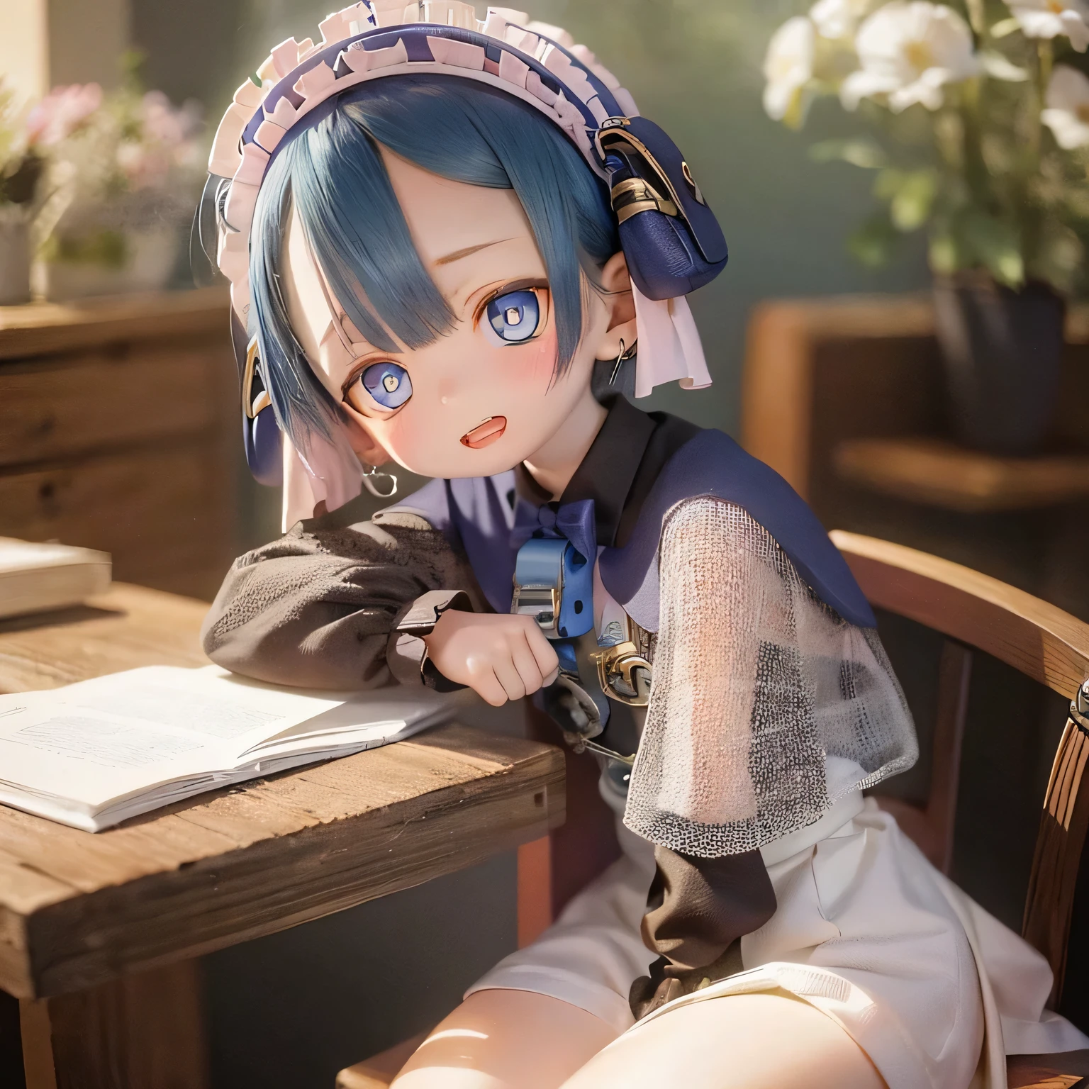 (highest quality, High resolution, masterpiece:1.2),Very detailed,Realistic:1.37,Marulk from Made in Abyss,(highest quality, High resolution, 4K, Very detailed, masterpiece:1.2), Realistic, High resolution, Vibrant colors, Sharp focus, Studio Lighting, Very detailed explanation, Professional, Portraiture, anime, Blue tones, Natural light, 10 year old girl, Blue curly hair, Flat Chest,, Innocent look, Delicate features, Long eyelashes, Expressive eyes, Rosy Cheeks, Soft lighting, Dreamy atmosphere, Whimsical backgrounds(((((((Sit on a chair)))))))(((((whole body)))))casual