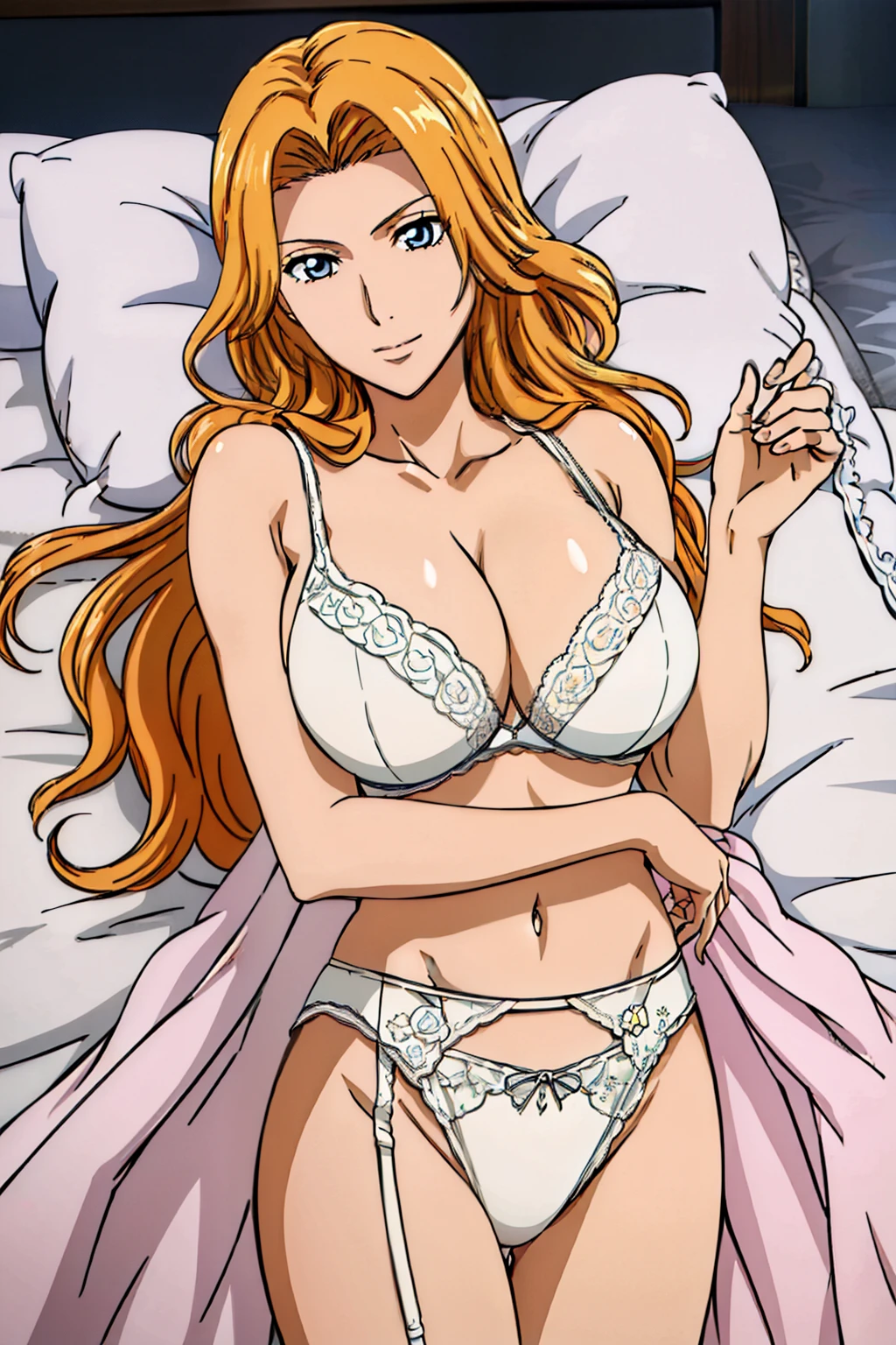 (POV Across Bed : 1.3), lying on bed, bare shoulder, white lace bra, white lace panties, white garter belt, luxury bedroom background, matsumoto rangiku, anime cels style, best quality, high resolution, (huge breasts:1.3), cowboy shot, (potrait body), blue eyes, Blonde hair, bangs, Long hair, 1 girl, looking at viewer, beautiful face, Beautiful Finger, Beautiful long legs, Beautiful body, Beautiful Nose,Beautiful character design, light smile