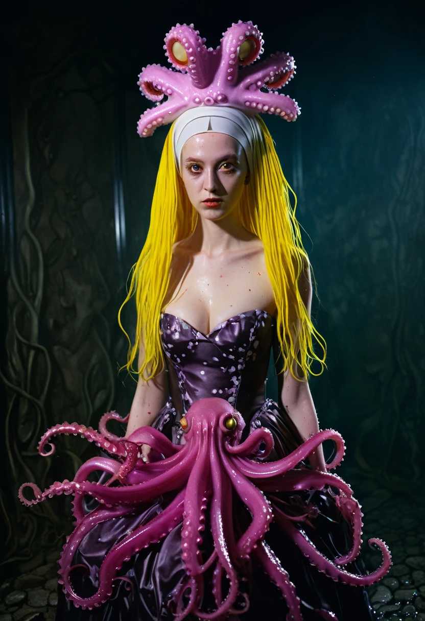 8K, ARTISTIC photogrAphy, best quAlity, mAsterpiece: 1.2), A (potrAit:1.2)  witch BLOOD Toon Doll Cthulhu nun QUEEN, EYES, PINK many octopus style tentacles, full body RAW candid cinema, yellow hair, 16mm, color graded portra 400 film, remarkable color, ultra realistic, sad admosphere, dark lighting, oppressive atmosphere, depressive colors, kodak portra 400, photograph,r, Natural Light, Pinhead lighgts, blur reflection, Brush Strokes, Smooth, abstract, Splatter, Oil On Canvas, rainbow colors, fractal isometrics details bioluminescens : a stunning realistic photograph of wet bone structure, 3d render, octane render, intricately detailed, titanium decorative headdress, cinematic, trending on artstation | Isometric | Centered