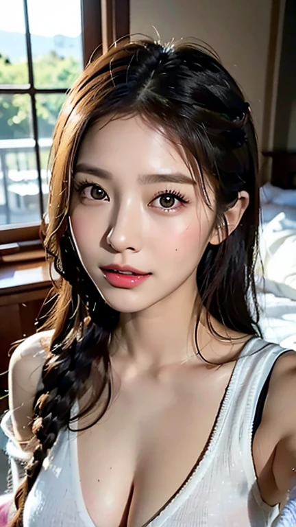 (((Woman lying on bed in bedroom)))、Accentuate your breasts、See-through white tight sweater dress、Off-the-shoulder tight sweater dress、(Reddish brown wet shiny hair)、(Floral編み込みカチューシャ、Half Up、Floral,),(Space Knitting、Voluminous fishtail braid、Twisted pan、)、(The bangs are see-through)、hairpin、hair ornaments、Blushing cheeks、Pointed red mouth、Large Breasts、Perfect body curves、Beautiful clavicle、Wet Hair、Wet Face、Wet body、Wet Skin、Wet costume、Detailed clothing features、Detailed hair features、Detailed facial features、Looking at the camera、(Dynamic Angle)、(Dynamic and sexy pose) )、Cinema Lightasterpiece、highest quality、Ultra-high resolution output images、Write Boundary Depth、Intricate details、Add depth to your subject with contrast between light and shadow、)、digital illustration、Single-lens reflex camera、(Realistic:1.3)、(8K quality、Anatomically correct facial structure、)、(Sea Art 2.0 Mode:1.3)、(Picture Mode Ultra HD、)