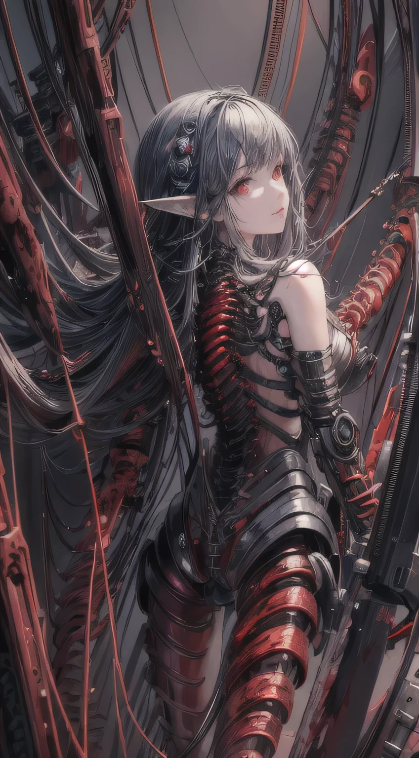 (((masterpiece))), ((highest quality)), (Super Detail), (CG illustration), (So evil and beautiful)), Cinematic Light, ((1. Mechanical Girl)), single, (Mechanical Arts: 1.4), ((Mechanical Limbs)), (Blood vessel attached to a tube), ((Mechanical spine attached to the back)), ((Mechanical cervical spine attached to the neck), (Back to viewers)), Expressionless, ( Wires and cables connected to the head and torso: 1.5), SF, Apocalypse, Remains, (Lower body integrated with mechanical device), (Blood: 1.5), Cruelty, Disorganized, eroticism, Integration with machines, The End Times, Super Future, inorganic, Research Room, Constraints, (Beautiful luxury: 1.2), (1 girl: 1.3), Body wrapped around the tentacles of the machine