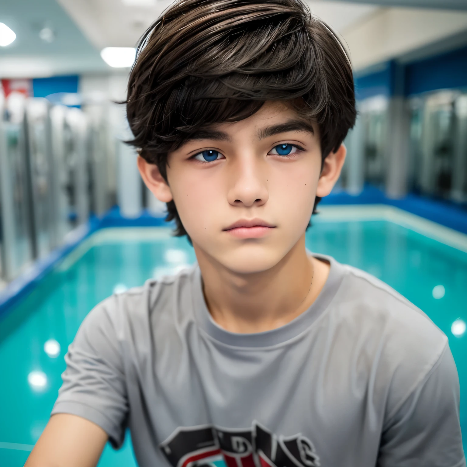 A 17-year-old male teenager, piel blanca, ojos con heterocromia uno de color gris y el otro azul claro, con cabello negro medianamenre largo y rebelde, mide 1,75 cm de altura, usa ropa de gimnasio comoda.