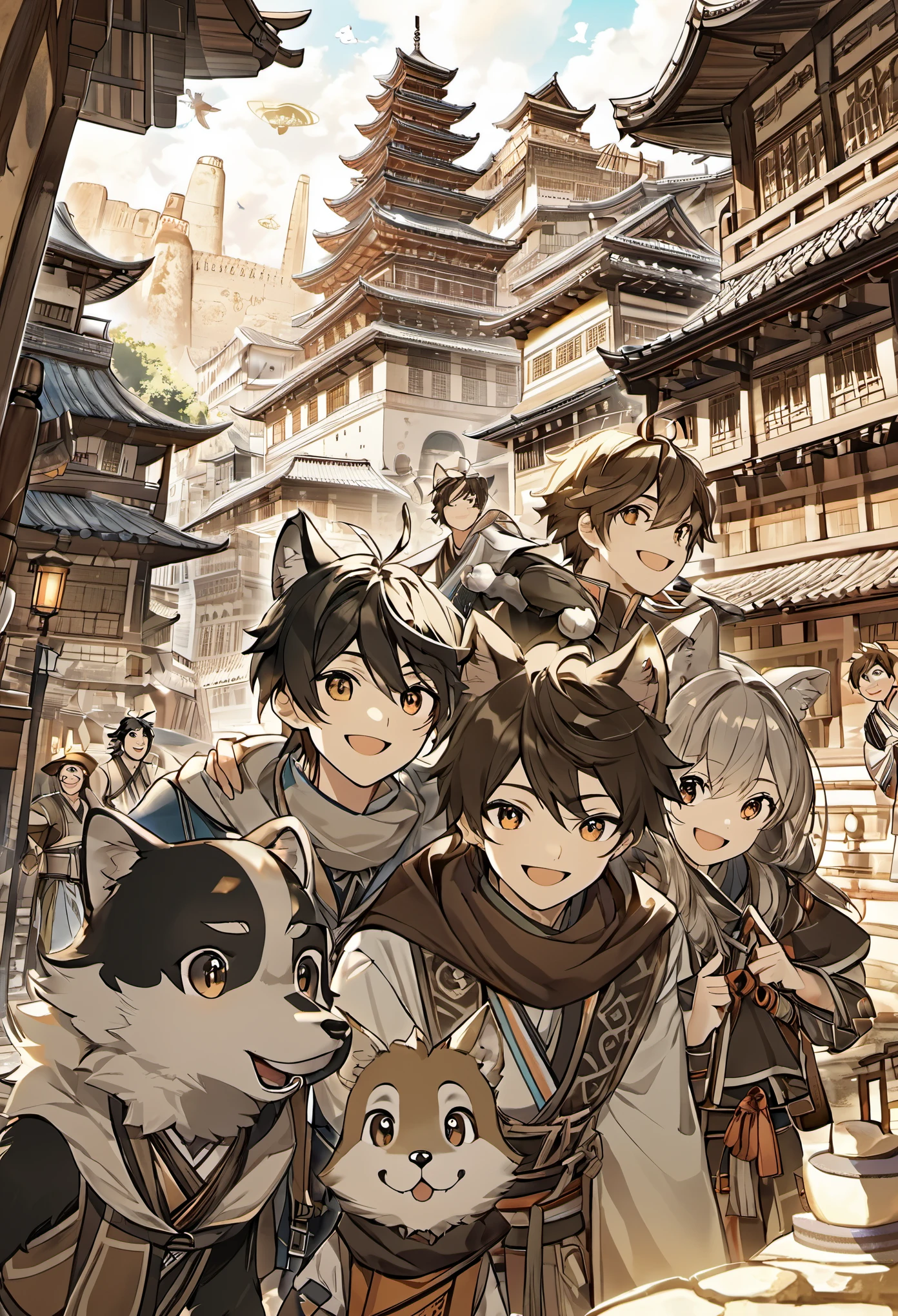 cover_page, super high resolution, detailed background, World Heritage Site, 6+boys, 6+girls, Happy, joyful, absurdres(Photos of solo travelers)(kemono, furry anthro),