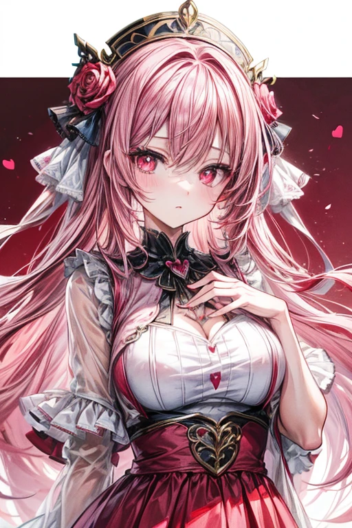 (masterpiece, best quality, perfect face, expressive eyes), 1girl, (anime), adult, long pink hair, red eyes, heart-shaped pupils, rose hair ornament, pink dress, 