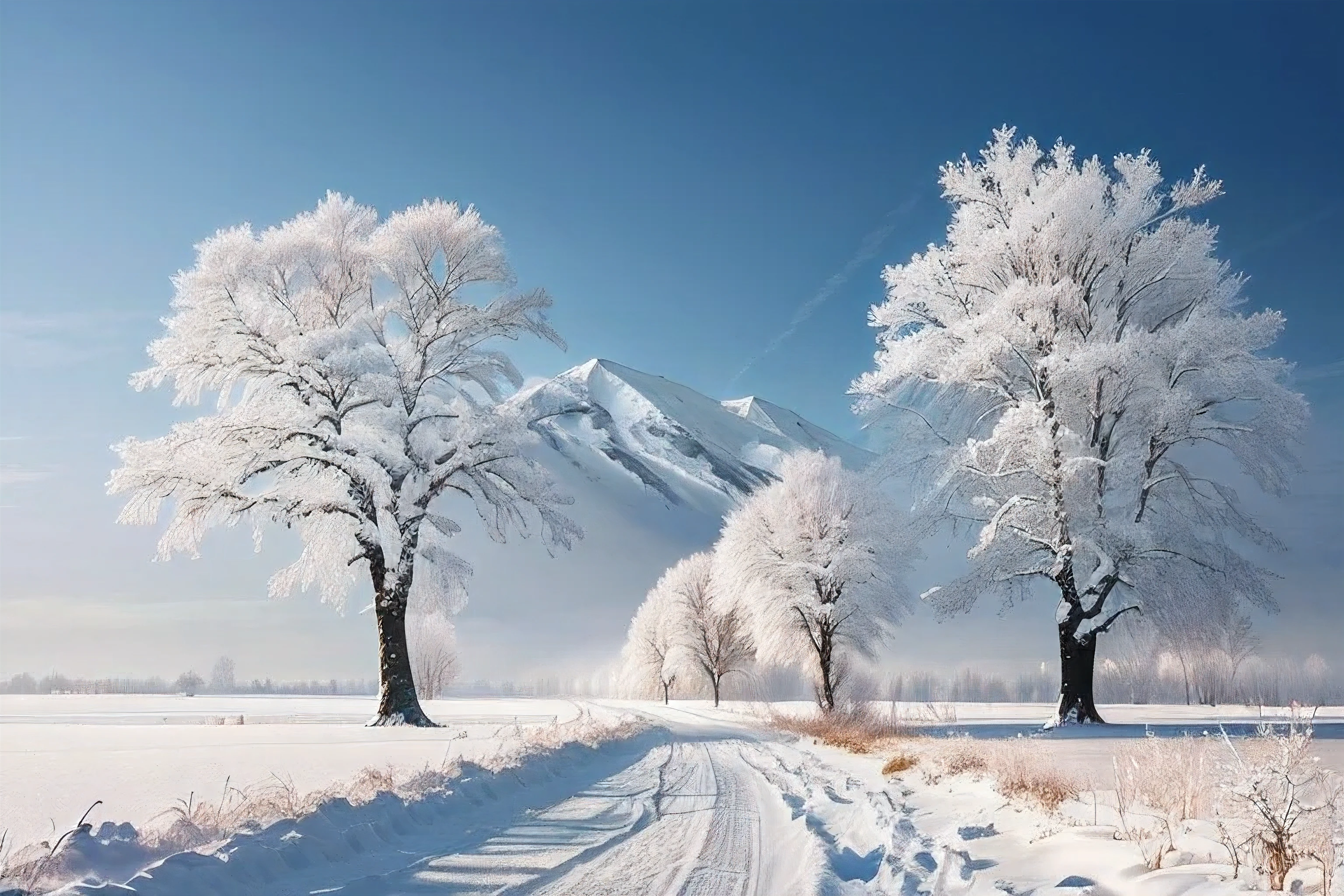 Landscape of snowy road with trees in the distance, beautiful Snow Scene, Sunny winter day, beautiful winter area, Snow Scene, Winter snow, winter landscape outside, Winter atmosphere, breathtakingly beautiful trees, Amazingly beautiful trees, winter landscape, Snow White Winter, winter photograph, Snow Scene, (3 are winter, Snow White, outside winter landscape