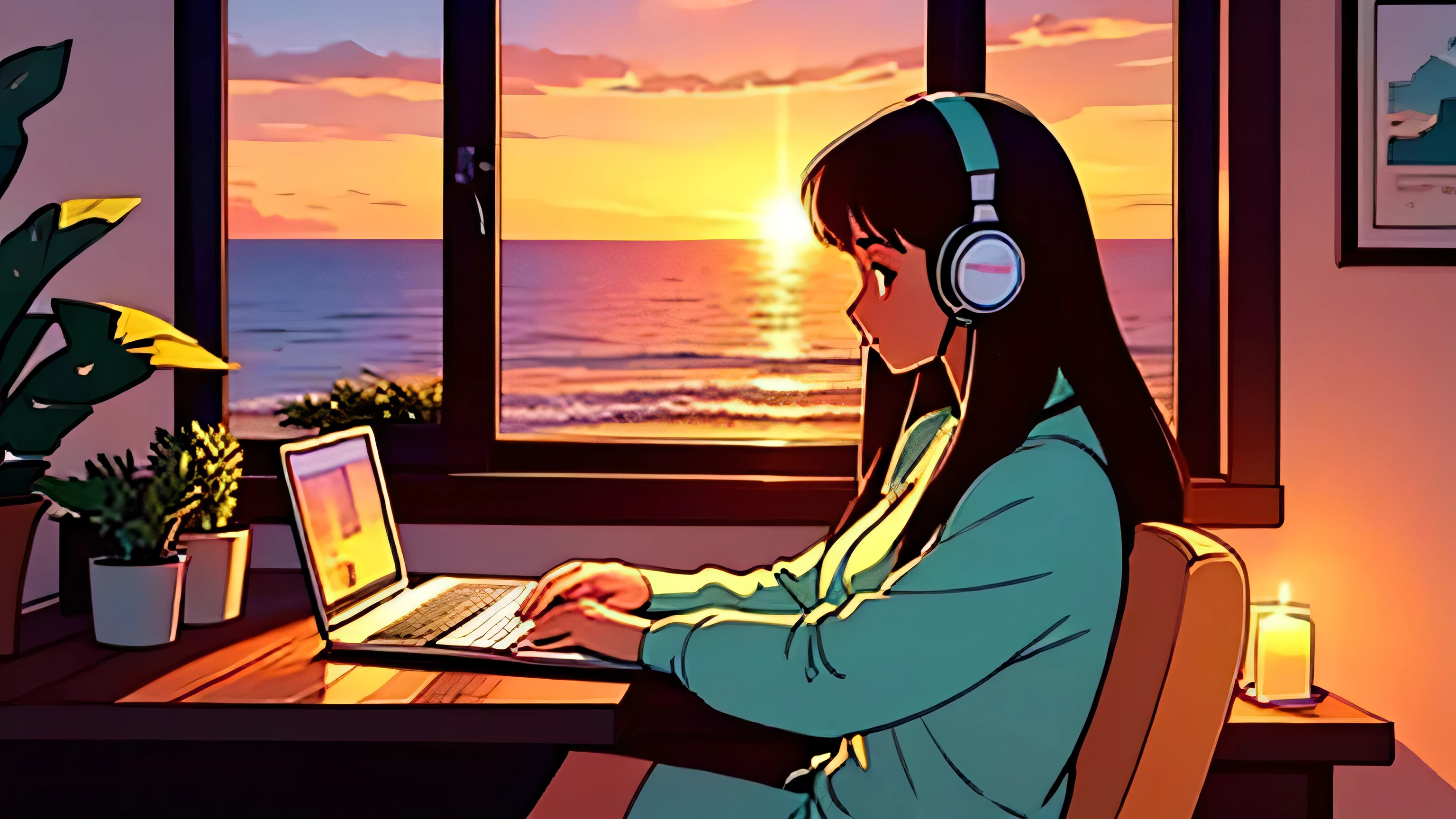 a beautiful girl sitting at her desk studying with papers besides and listening to music with headphones and typing on her computer on her desk with beautiful candles on her desk and plants at background Lo-fi A beautiful sunset in the large window　Ocean　Beach