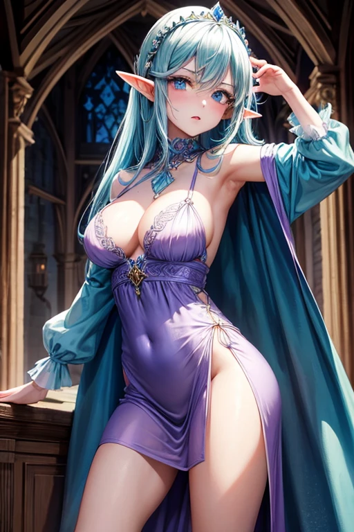 elf princess, scary expression, castle, silk short nightgown, medieval fantasy