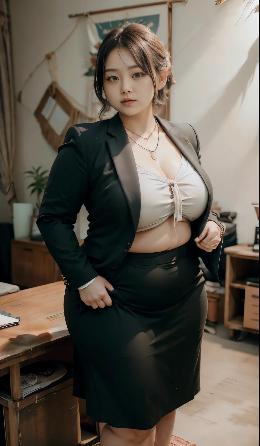 realisitic、Curvaceous woman standing alone, Woman in black business suit, with a business suit on, businesswoman, Woman in business suit, Wearing a white collar shirt under a suit、thick skirt、tight skirts、Girl in a suit, female in tight office dress, , Girl in suit, young business woman, in a business suit, business outfit, Wear a suit、Office Suits、Not wearing glasses、professional photograpy、Does not expose the skin, Japanese Models,、,The skin is not exposed、fleshy body, large boob、 hard 、、big butts、Big belly、thick waist、Body without tone、thick thight、thick arms、Round face、Fat face、chubby cheeks、Sauce order、big eye、A dark-haired、short-haired、Standing facing the front、Left hand pose on the hip、Right hand is down in a pose、Straight back posture、Sun background、chinese-Indonesian woman  , full body , bracelet , necklace , glasses , short hairstyle , fat belly , thick hips , dark room ,  , chubby cheeks , black room , nude, naked