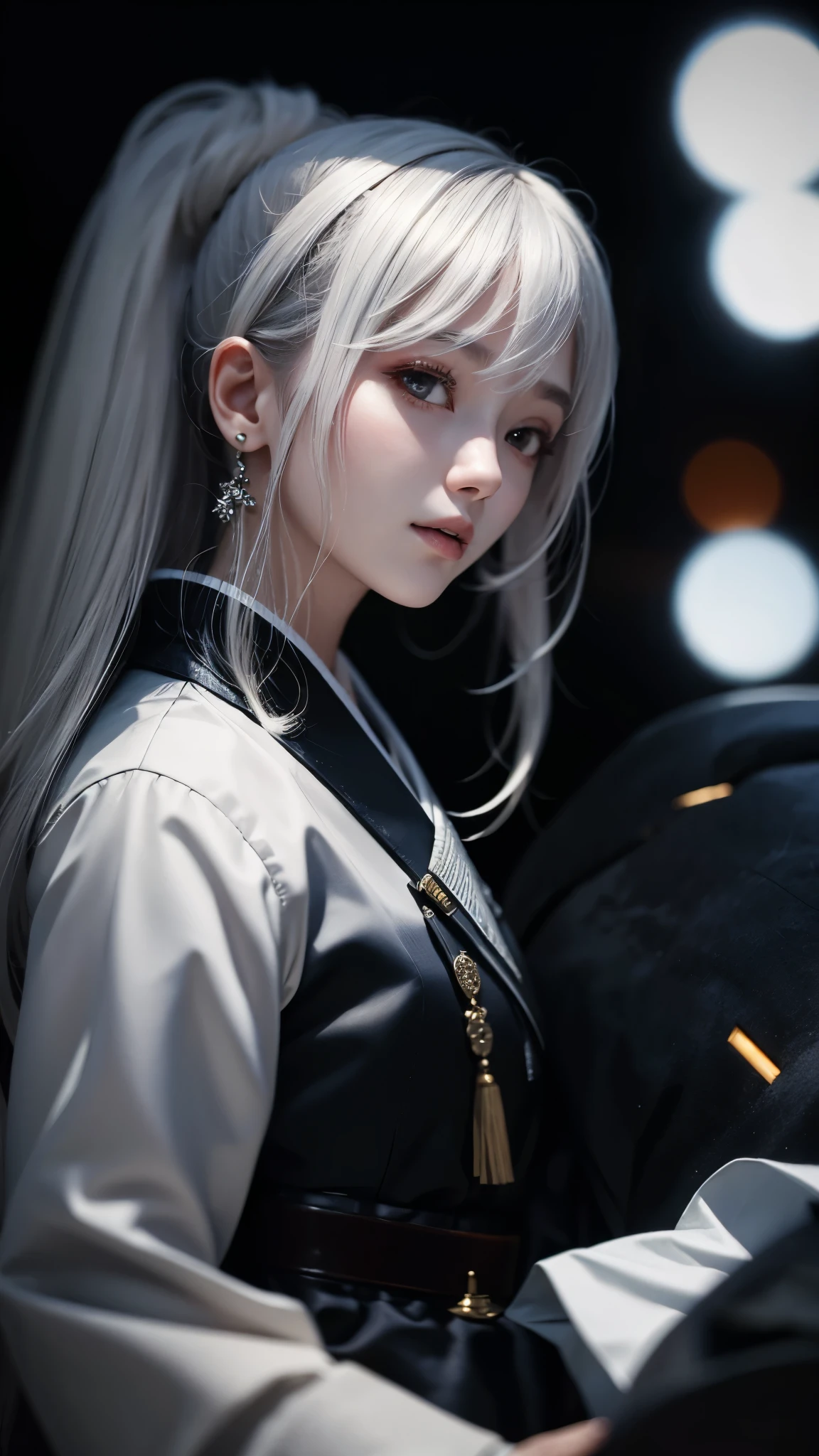 ((top quality, 8 thousand, masterpiece:1.3)), 18 year old girl from Korea, 처녀ghost, white hanbok, dark night, pale skin, movie-like lighting, pale skin, very long nails, ghost, white clothing, white hair, red eyes