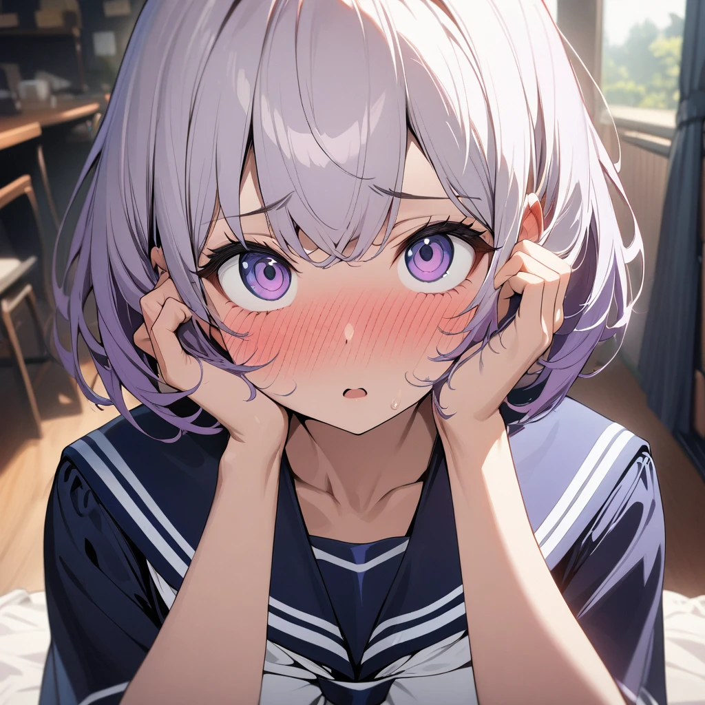 1girl, solo,pov,White hair,purple hair large breasts, portrait, looking at viewer,big eyes Upper Body indoors, depth of field, (masterpiece), (best quality), (ultra-detailed), very aesthetic, illustration, perfect composition, intricate details, absurdres,(Sailor Uniform),(hands up),(on face) (blush),,(Beautiful Skin),(short hair),(straight-on),