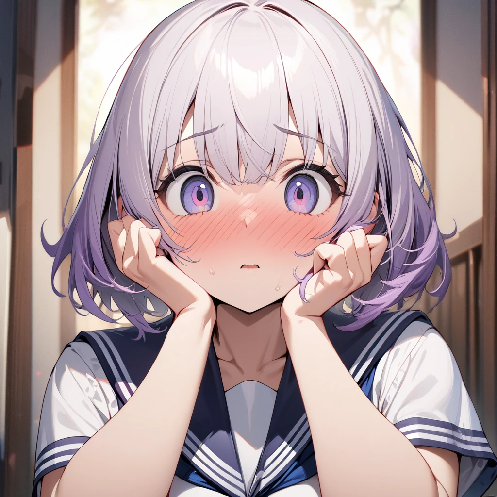 1girl, solo,pov,White hair,purple hair large breasts, portrait, looking at viewer,big eyes Upper Body indoors, depth of field, (masterpiece), (best quality), (ultra-detailed), very aesthetic, illustration, perfect composition, intricate details, absurdres,(Sailor Uniform),(hands up),(on face) (blush),,(Beautiful Skin),(short hair),(straight-on),