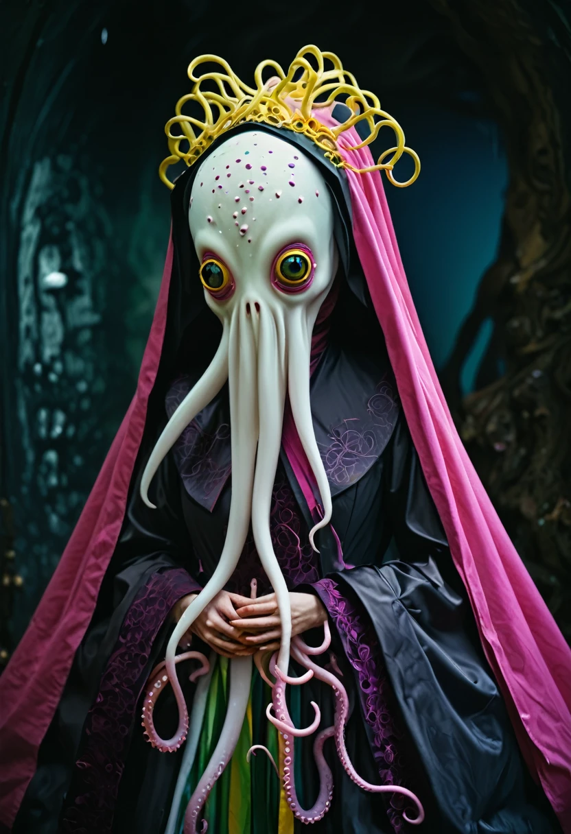 8K, ARTISTIC photogrAphy, best quAlity, mAsterpiece: 1.2), A (potrAit:1.2) witch BLOOD Toon Doll Cthulhu nun QUEEN, EYES, PINK many octopus style tentacles, full body RAW candid cinema, yellow hair, 16mm, color graded portra 400 film, remarkable color, ultra realistic, sad admosphere, dark lighting, oppressive atmosphere, depressive colors, kodak portra 400, photograph,r, Natural Light, Pinhead lighgts, blur reflection, Brush Strokes, Smooth, abstract, Splatter, Oil On Canvas, rainbow colors, fractal isometrics details bioluminescens : a stunning realistic photograph of wet bone structure, 3d render, octane render, intricately detailed, titanium decorative headdress, cinematic, trending on artstation | Isometric | Centered
