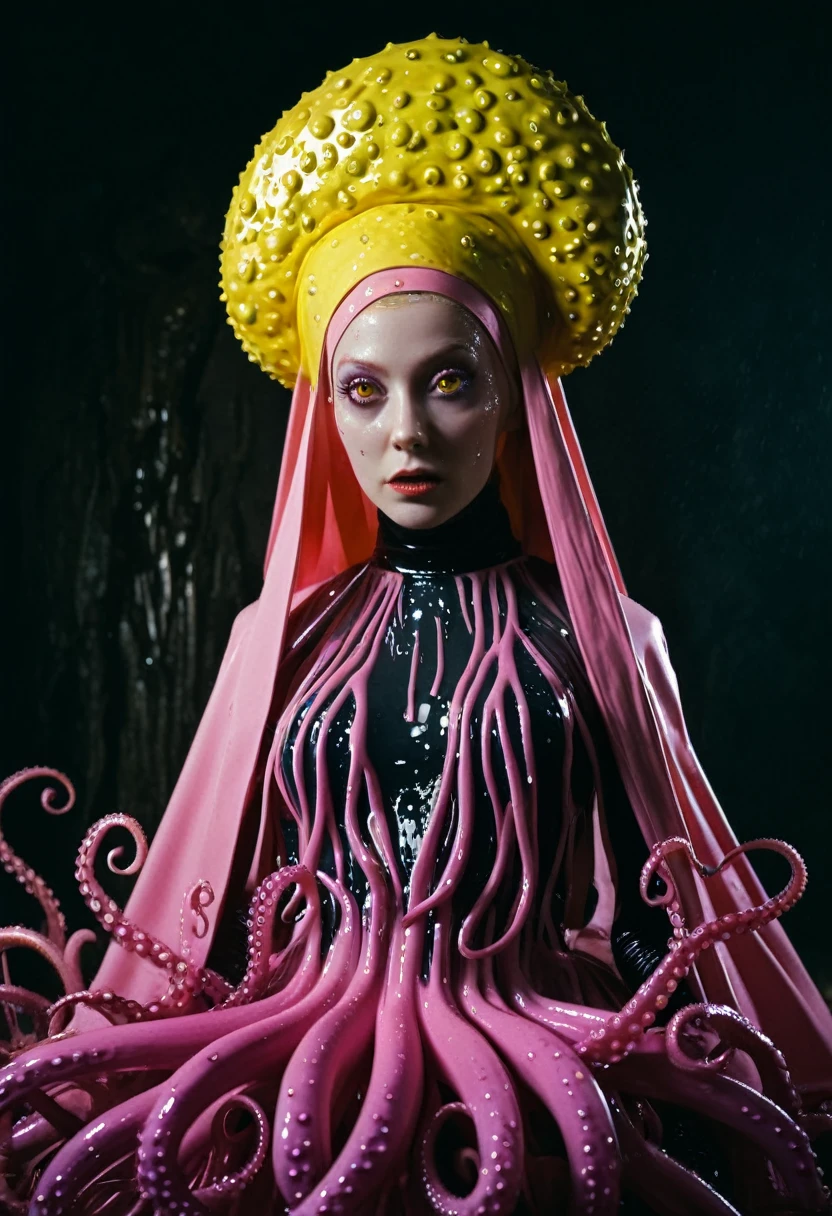 8K, ARTISTIC photogrAphy, best quAlity, mAsterpiece: 1.2), A (potrAit:1.2)  witch BLOOD Toon Doll Cthulhu nun QUEEN, EYES, PINK many octopus style tentacles, full body RAW candid cinema, yellow hair, 16mm, color graded portra 400 film, remarkable color, ultra realistic, sad admosphere, dark lighting, oppressive atmosphere, depressive colors, kodak portra 400, photograph,r, Natural Light, Pinhead lighgts, blur reflection, Brush Strokes, Smooth, abstract, Splatter, Oil On Canvas, rainbow colors, fractal isometrics details bioluminescens : a stunning realistic photograph of wet bone structure, 3d render, octane render, intricately detailed, titanium decorative headdress, cinematic, trending on artstation | Isometric | Centered